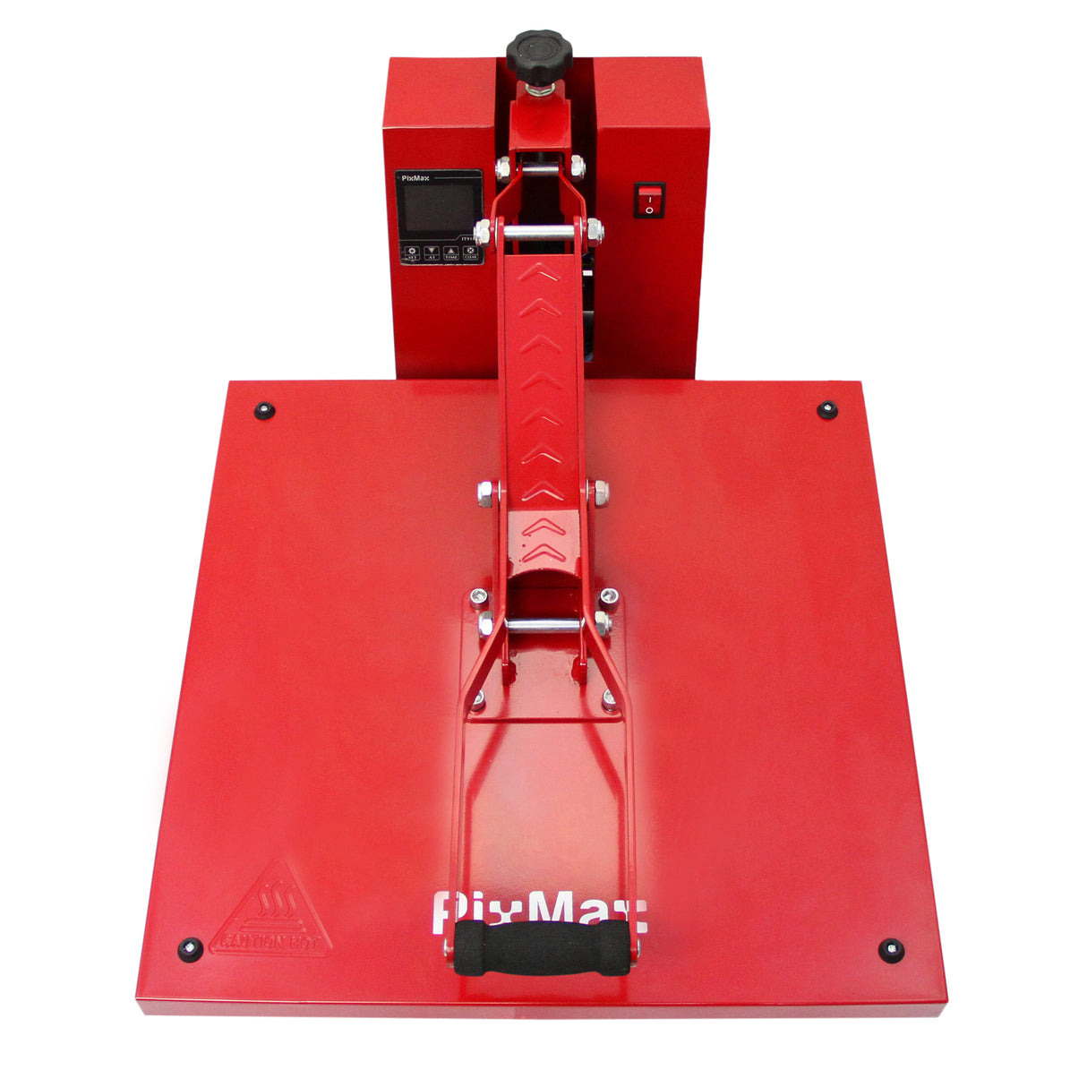 Prensa térmica vermelha de 50 cm com base ampla, alça robusta e painel de controle digital para transferências de imagem