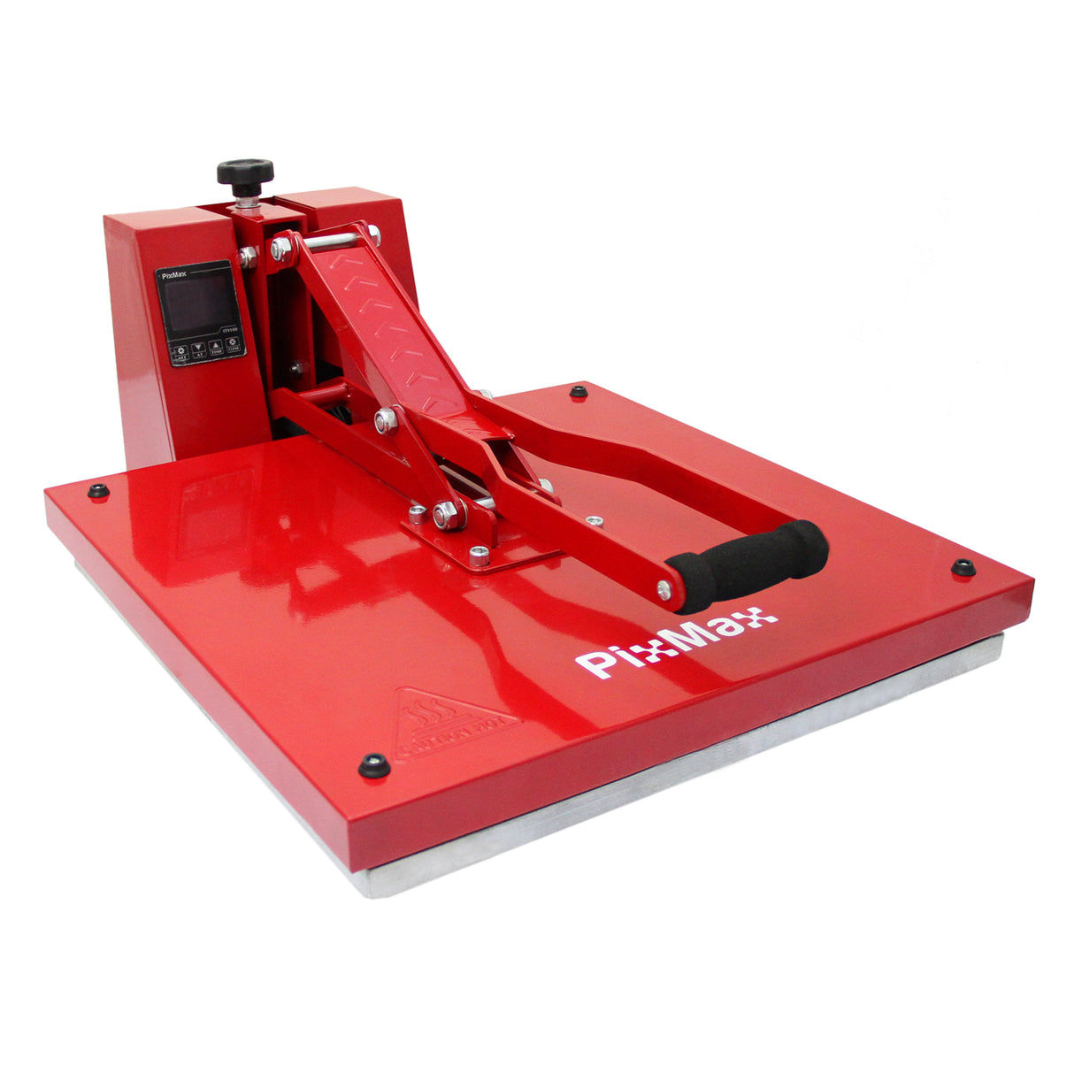 Prensa térmica vermelha de 50 cm com alavanca e painel digital, ideal para transferências de impressão em tecidos e outros materiais