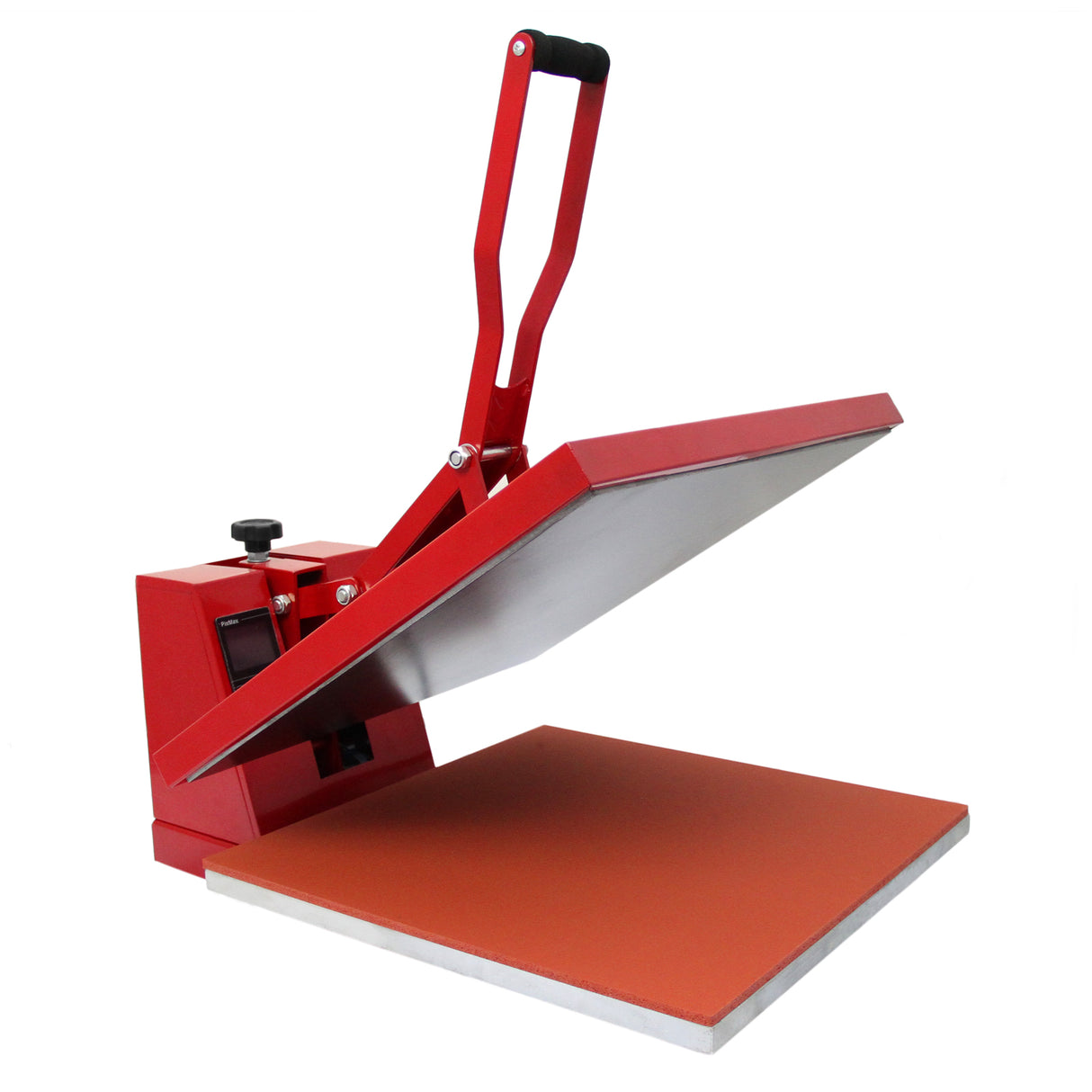 Prensa térmica vermelha de 50 cm com base laranja, alavanca ergonômica e superfície metálica brilhante para transferências de calor