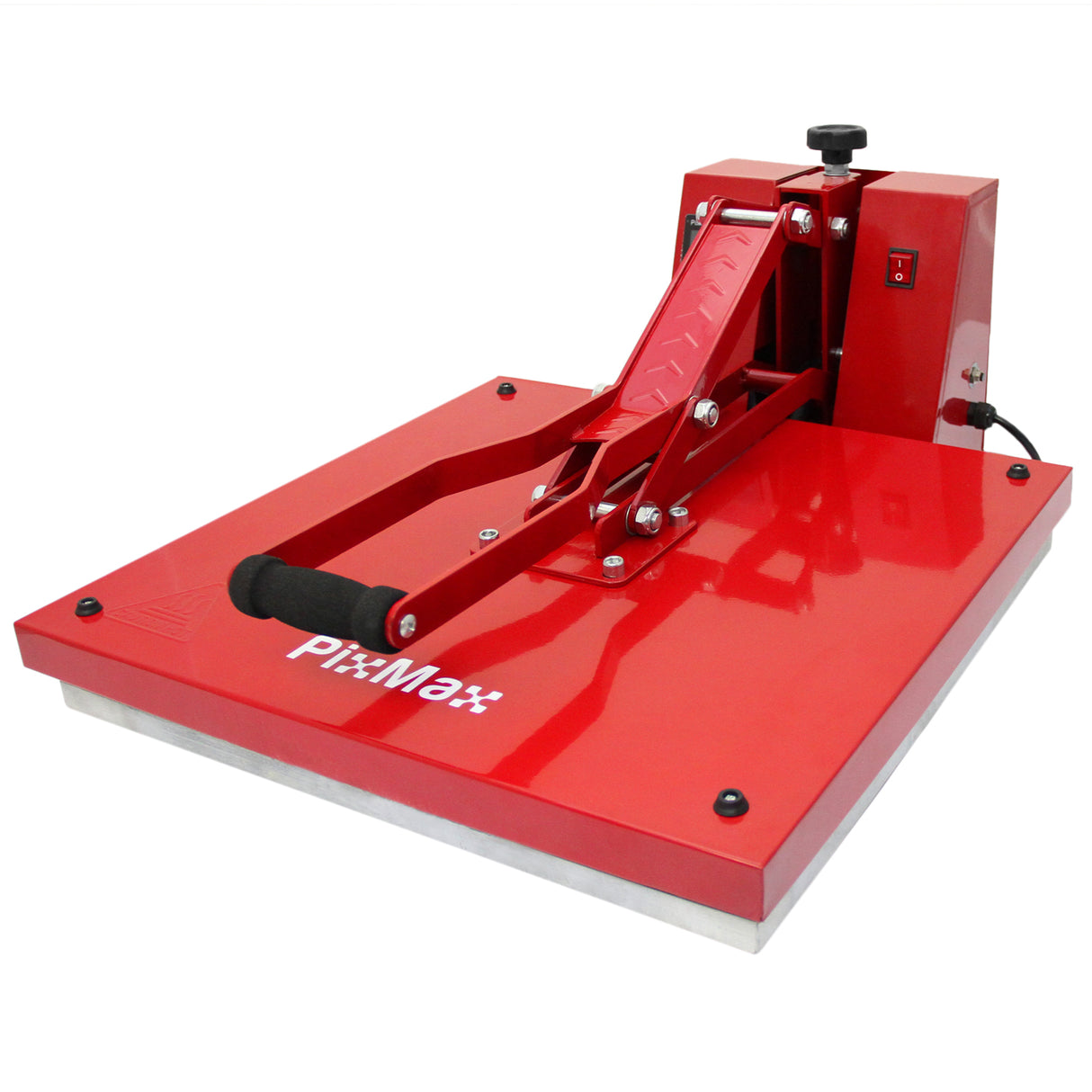 Prensa térmica vermelha de 50 cm com base metálica e alavanca ajustável, ideal para transferências de estampas em tecidos