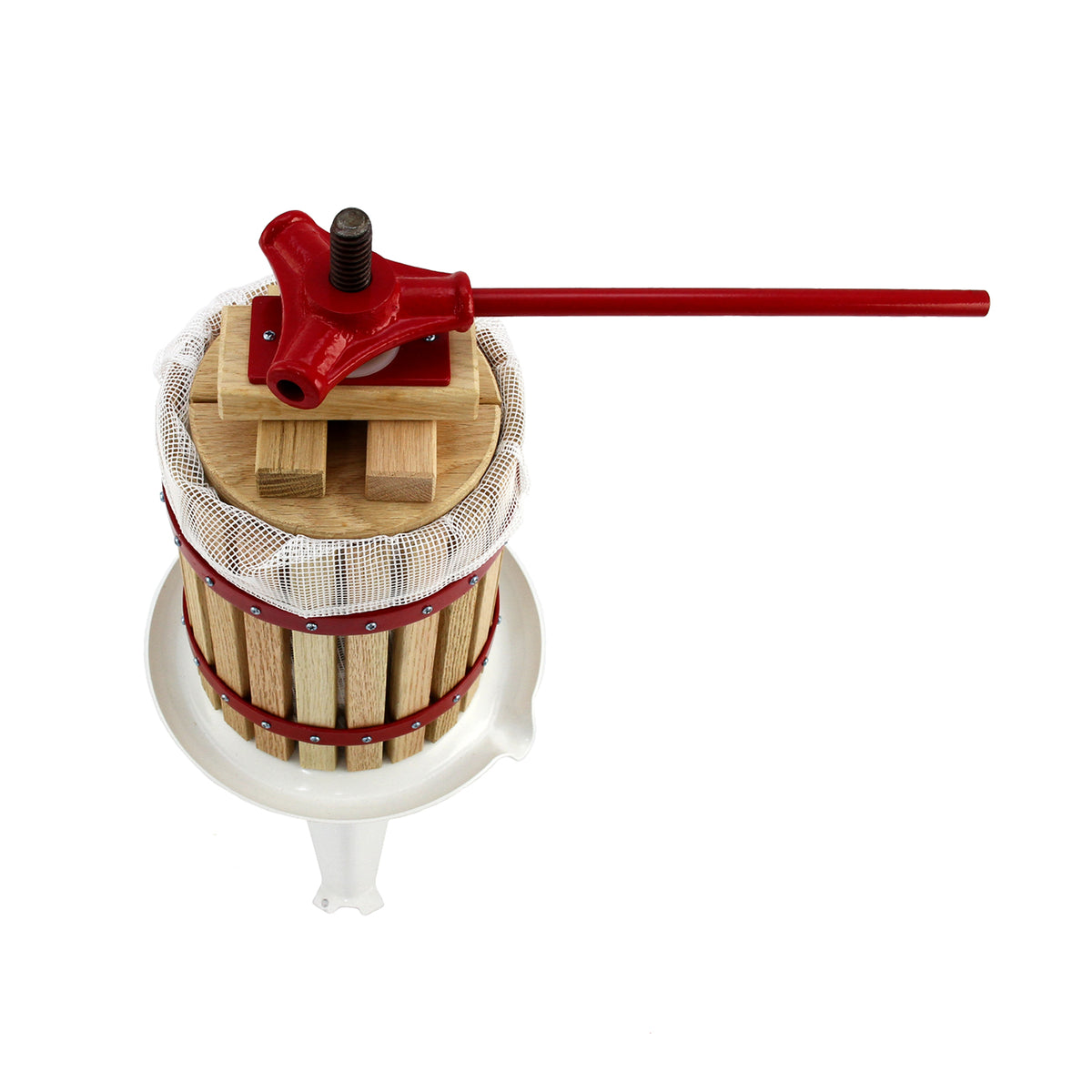 Prensa KuKoo de 6 litros com estrutura de madeira clara, alça vermelha e recipiente branco para extrair sucos de frutas