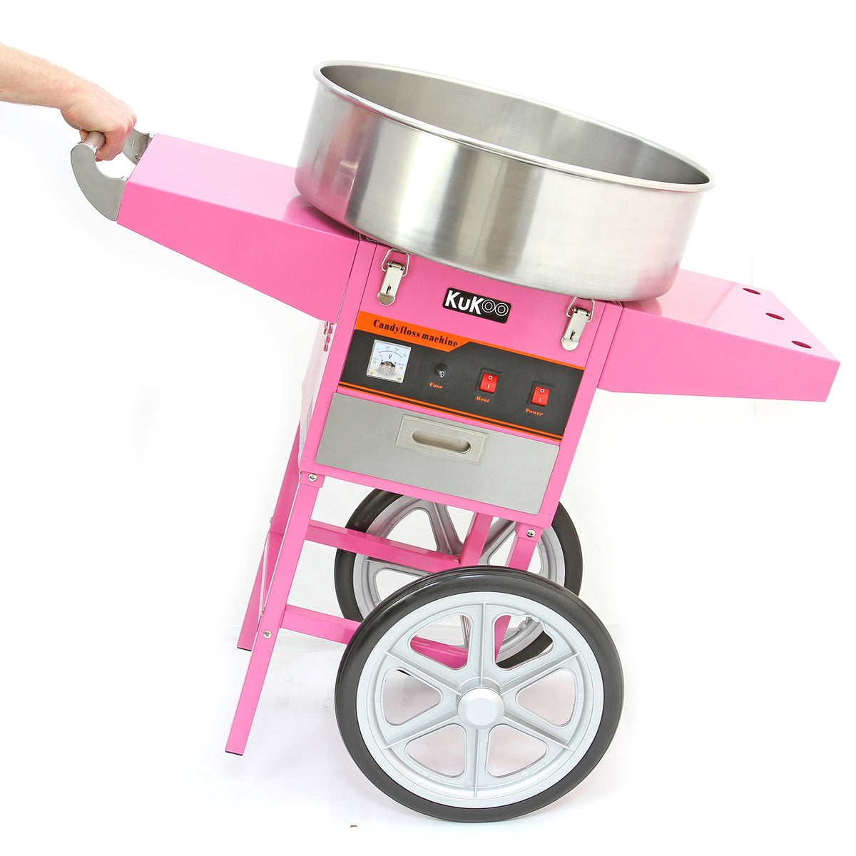 Máquina de algodão doce rosa com estrutura metálica, panela de aço inox, rodas brancas e alça para fácil transporte