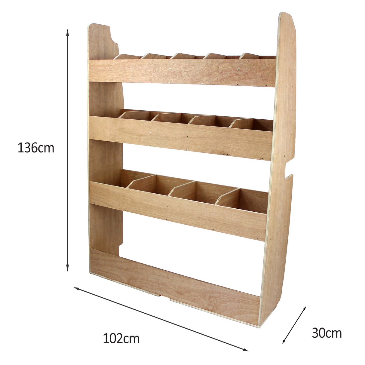 Revestimento antracite para van Ford Transit Custom, rack de madeira clara com prateleiras, dimensões 136cm x 102cm x 30cm