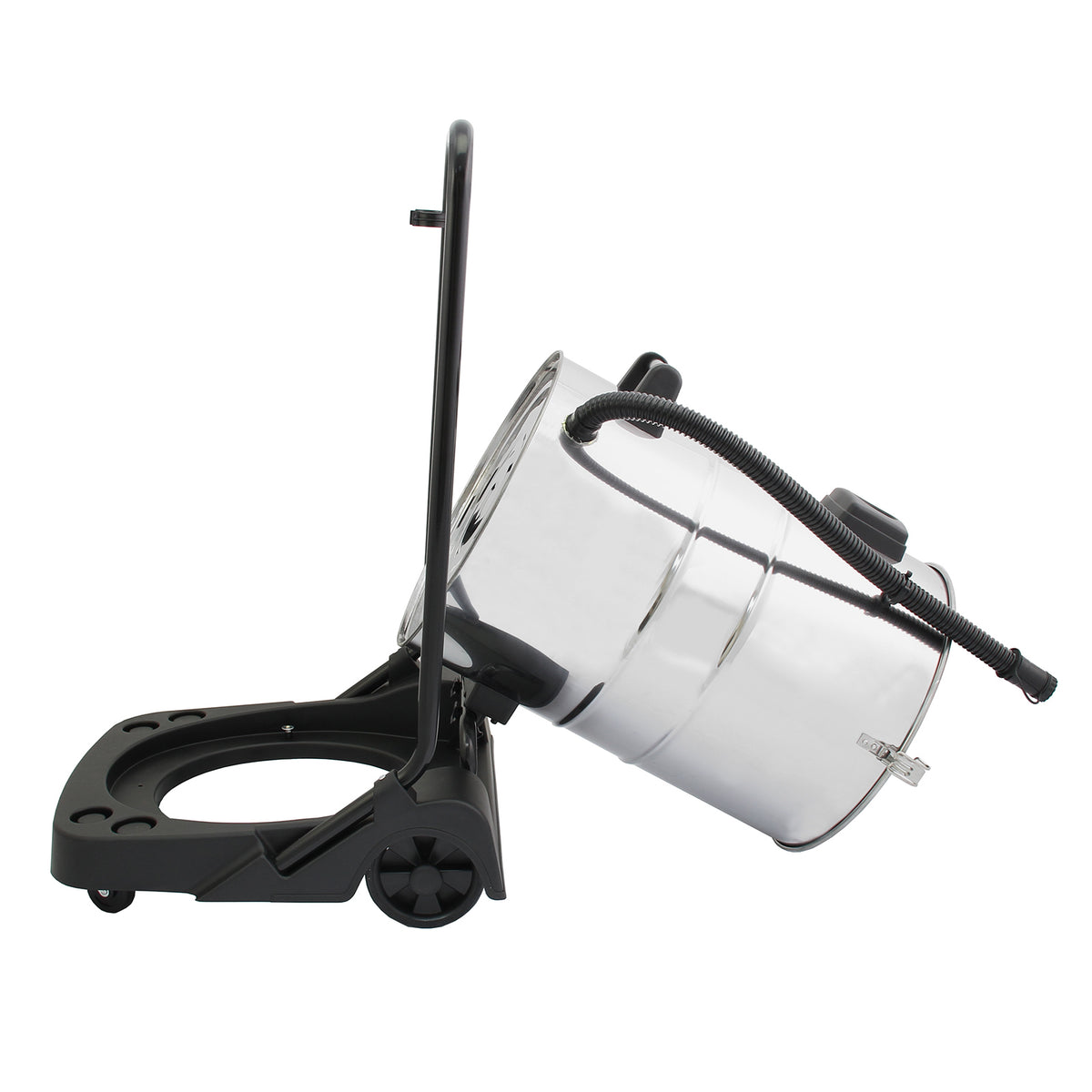 Aspirador comercial MAXBLAST de 80 litros com design prateado, estrutura robusta, rodas para mobilidade e mangueira flexível
