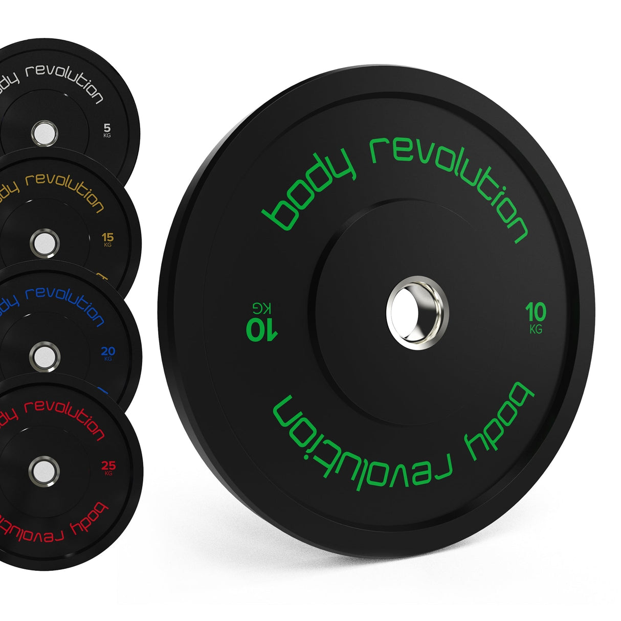 Discos bumper olímpicos pretos da Body Revolution, com pesos de 10kg, 15kg, 20kg e 25kg, destacando texto verde e design robusto