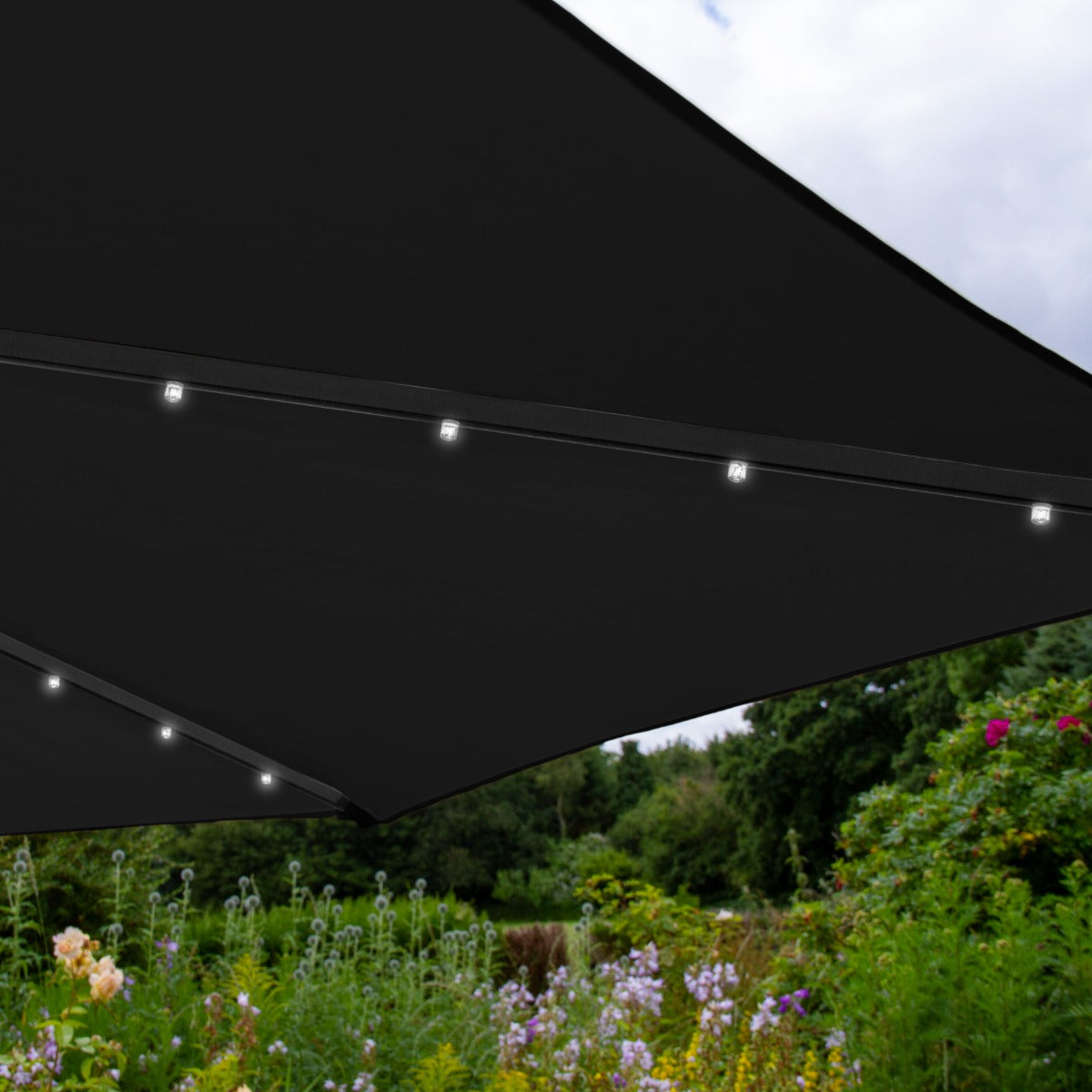 Guarda-sol Cantilever 3m com Luzes LED e Base Quadrada - Preto