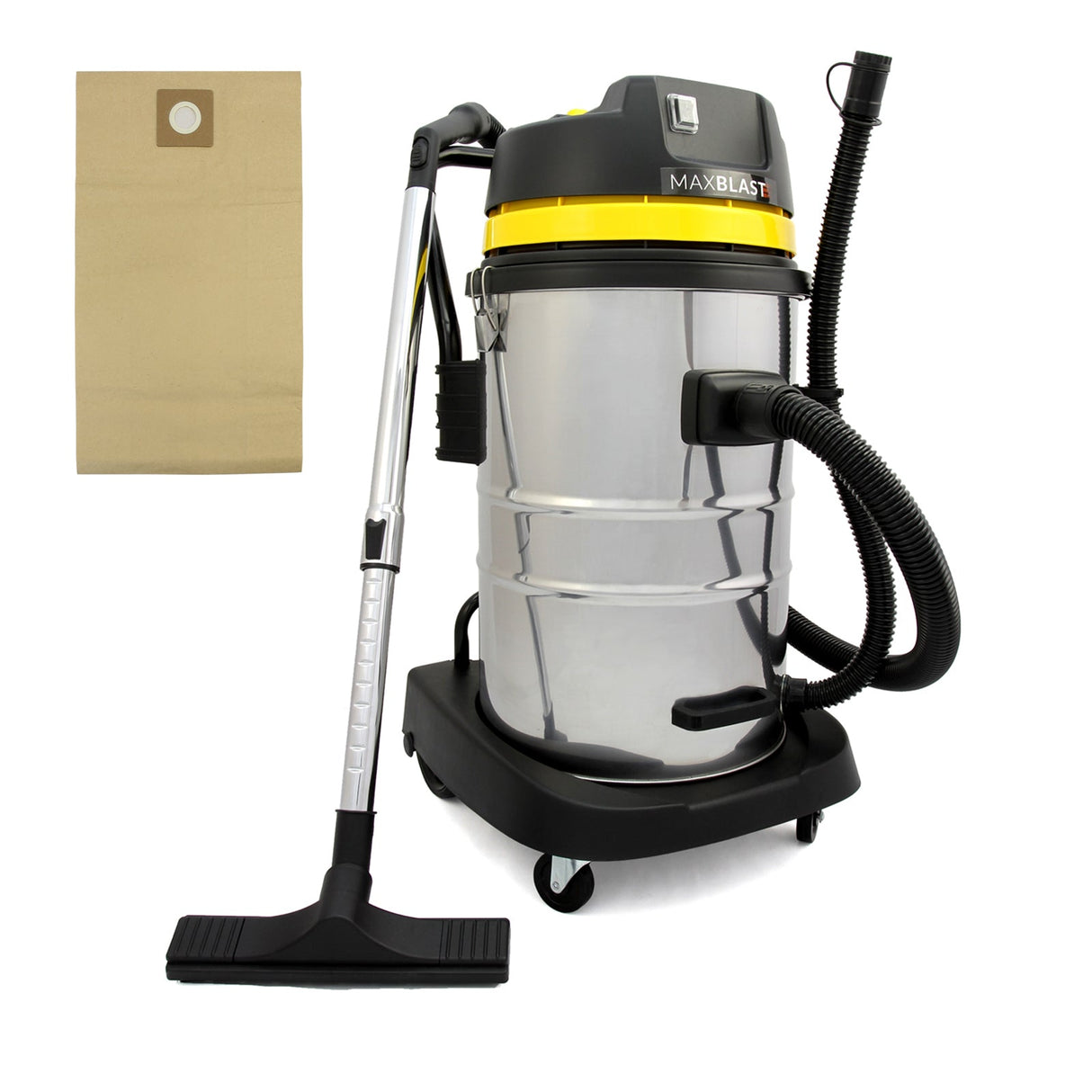 Pacote com 5 sacos de pó marrons para aspirador MAXBLAST de 60 litros, com aspirador prateado e mangueira preta ao lado