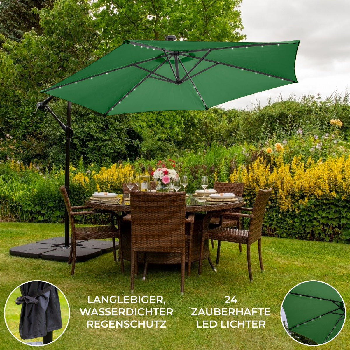 Guarda-chuva Cantilever 3m com Luzes LED e Base Quadrada - Verde