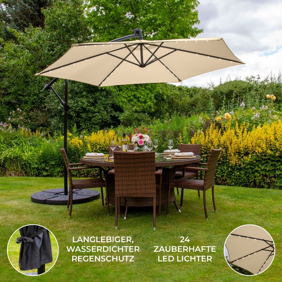 Guarda-chuva Cantilever LED 3m com Base Redonda - Bege