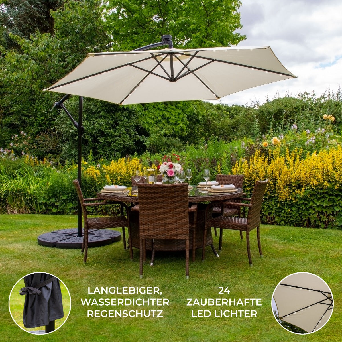 Guarda-chuva Cantilever LED 3m com Base Redonda - Creme