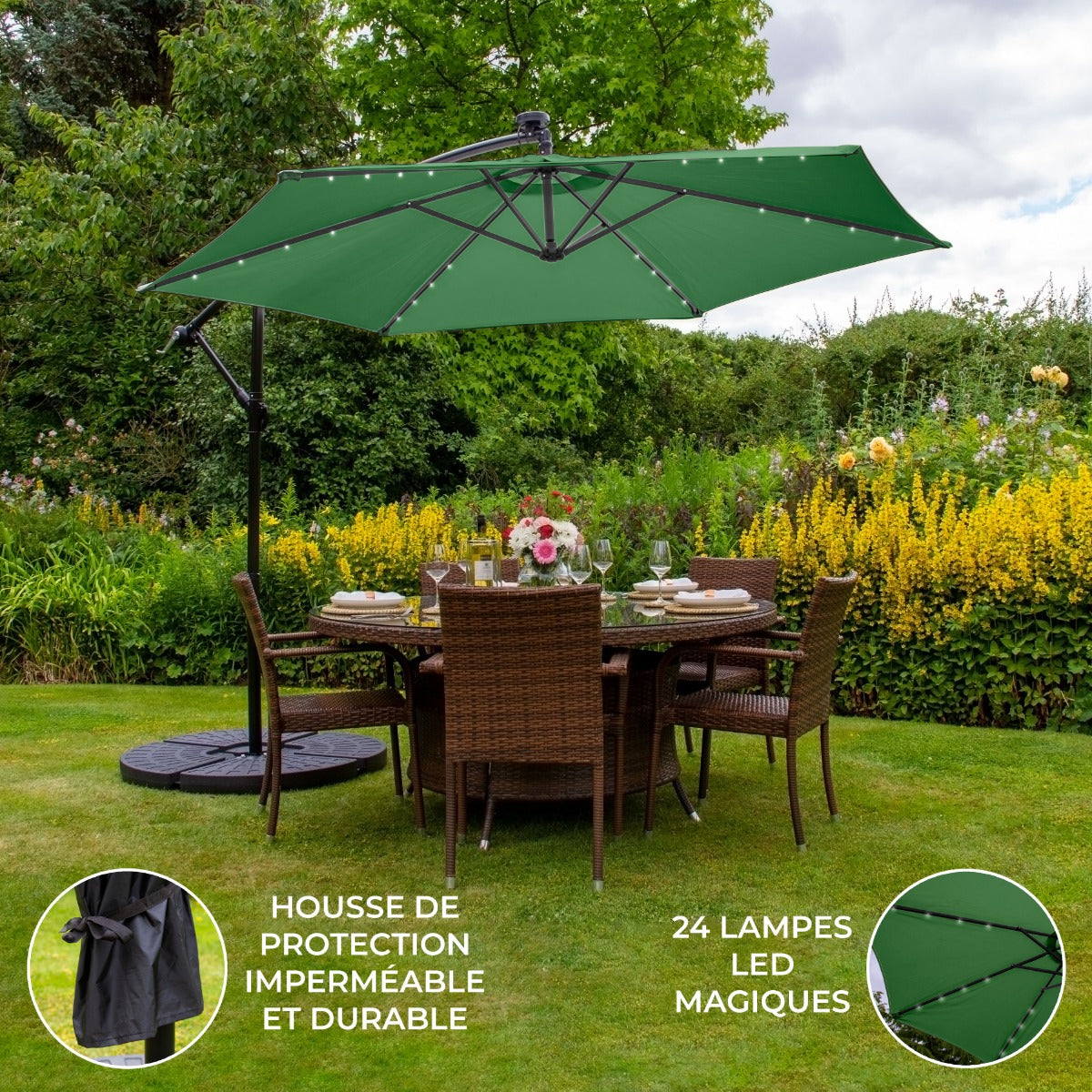 Guarda-chuva Cantilever LED 3m com Base Redonda - Verde