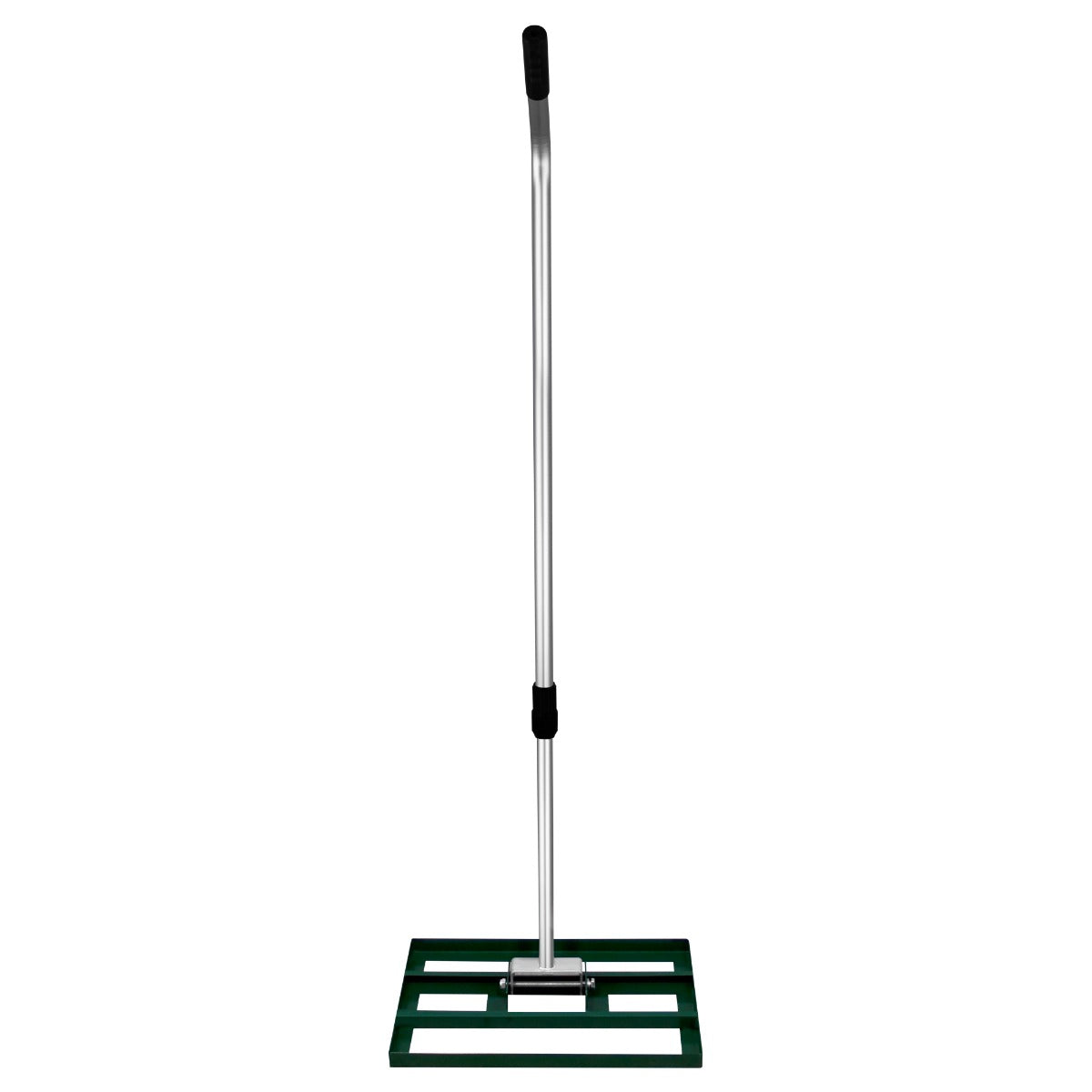 Ancinho de nivelamento de gramado T-Mech 50 cm, com cabo de alumínio prateado e base verde, ideal para jardinagem e manutenção de gramados