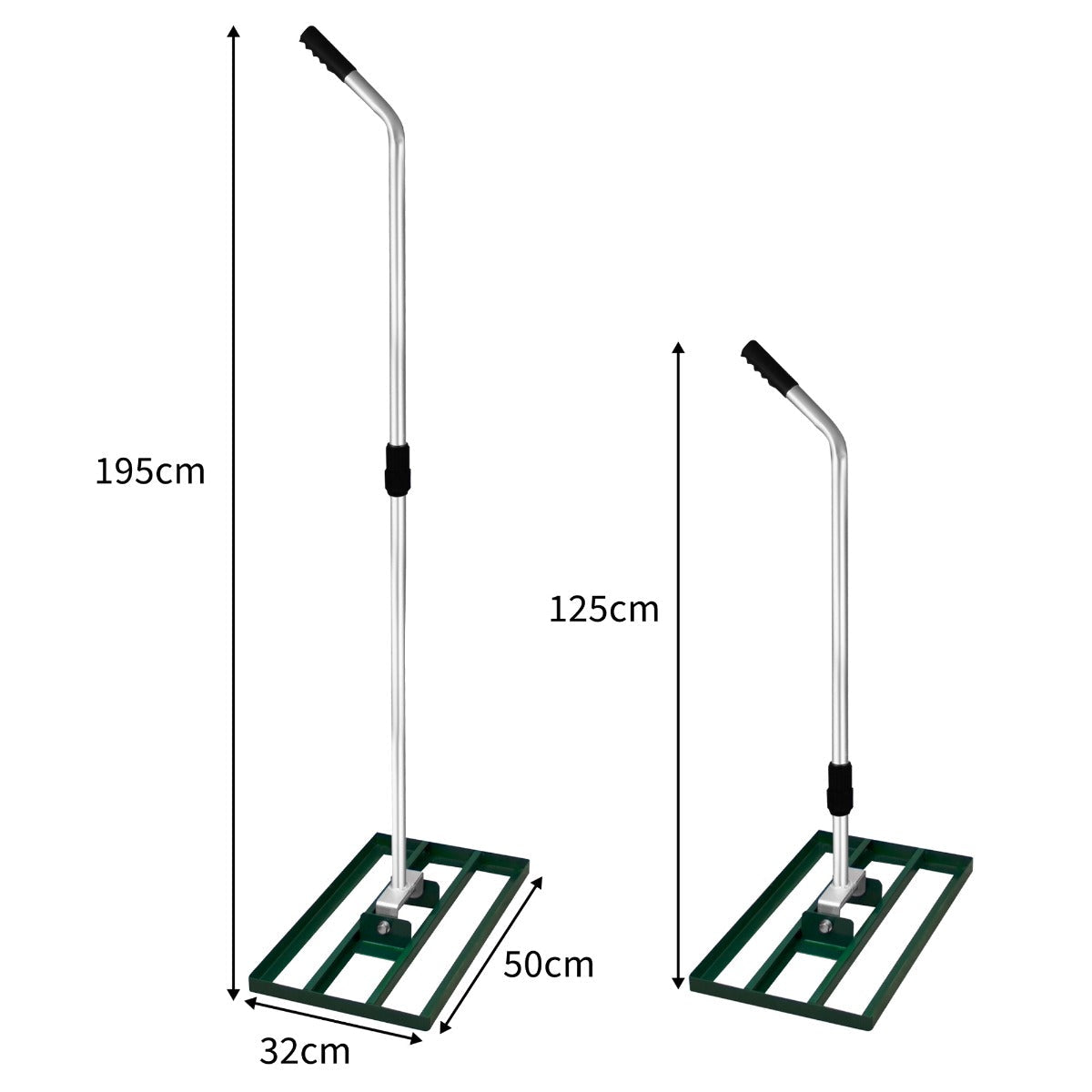 Ancinho de nivelamento de gramado T-Mech, 50 cm, com estrutura verde e cabo em alumínio, ideal para jardinagem e paisagismo