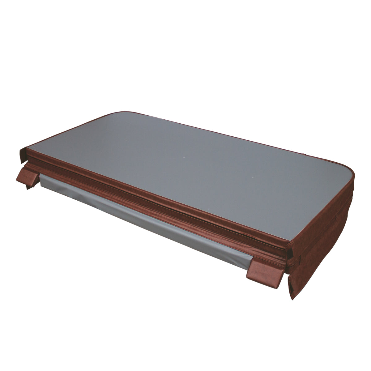 Cobertura castanha de 2m x 2m para jacuzzi, com superfície lisa e bordas reforçadas, ideal para proteção e isolamento térmico
