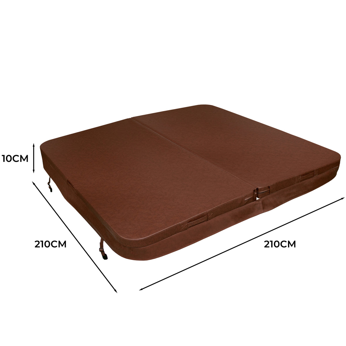 Cobertura castanha para jacuzzi, medindo 2,1m x 2,1m, com textura suave e resistente, ideal para proteção e conforto