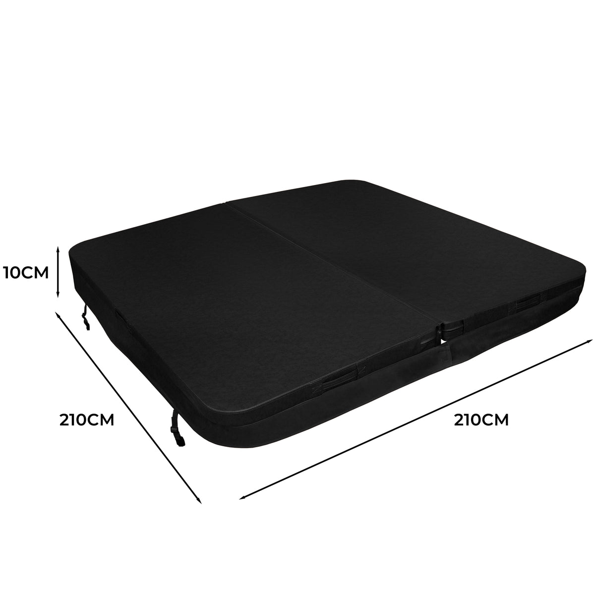 Cobertura preta para jacuzzi, medindo 2,1m x 2,1m, com textura suave e bordas reforçadas, ideal para proteção e isolamento