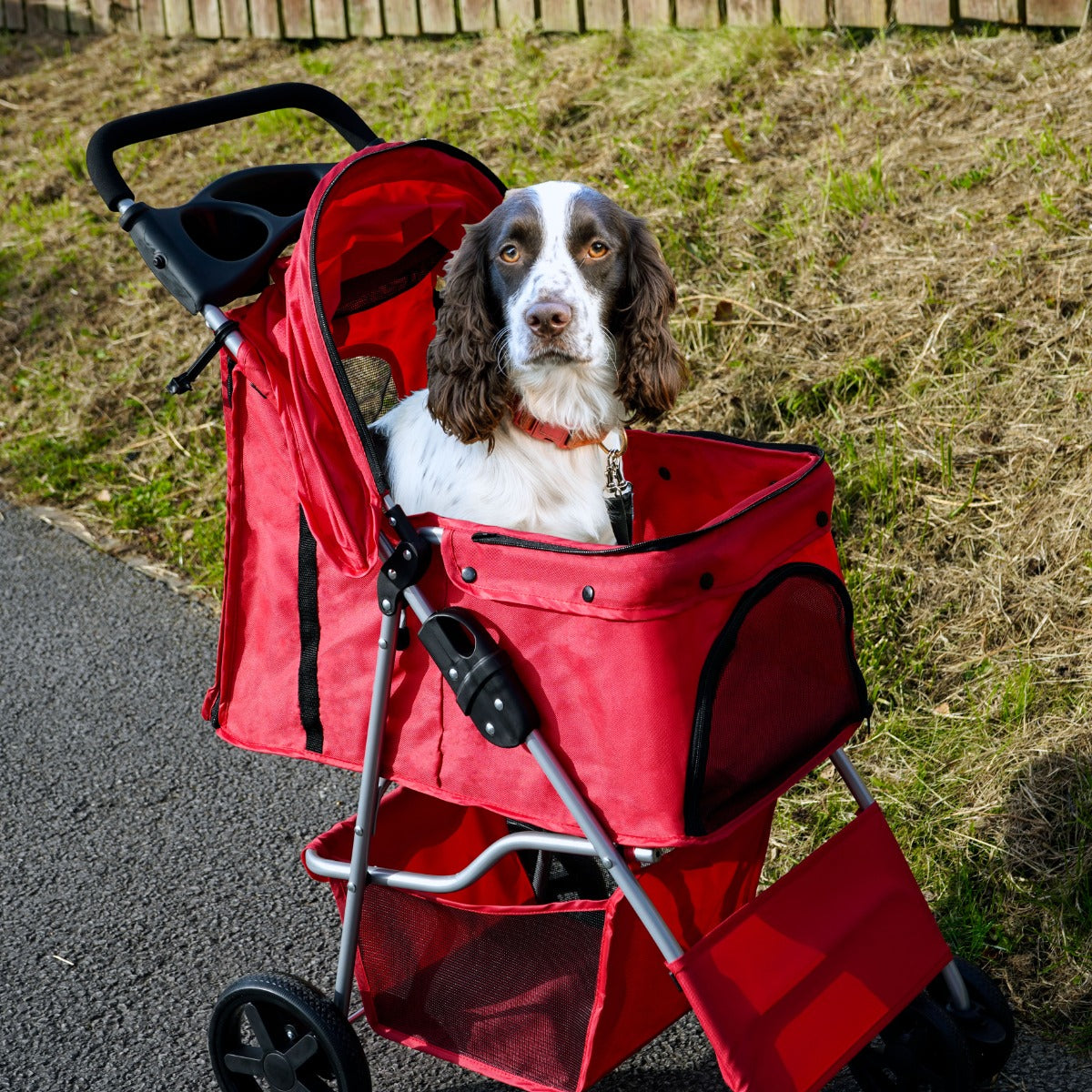 Carrinho para Animais de Estimação com Capa de Chuva - Vermelho