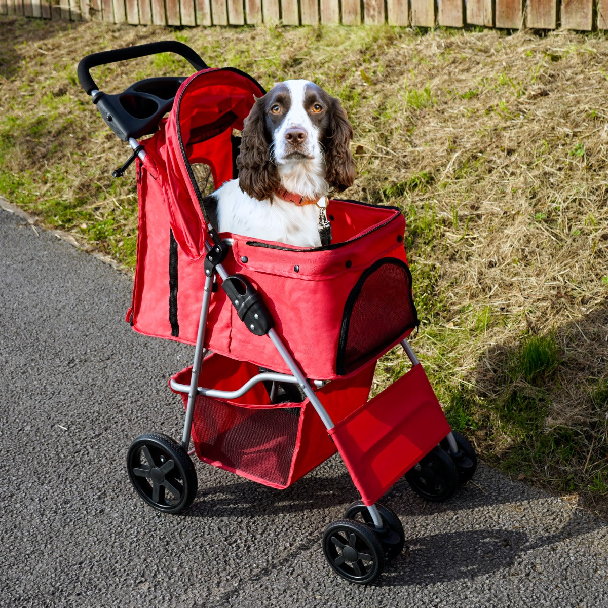 Carrinho para Animais de Estimação com Capa de Chuva - Vermelho
