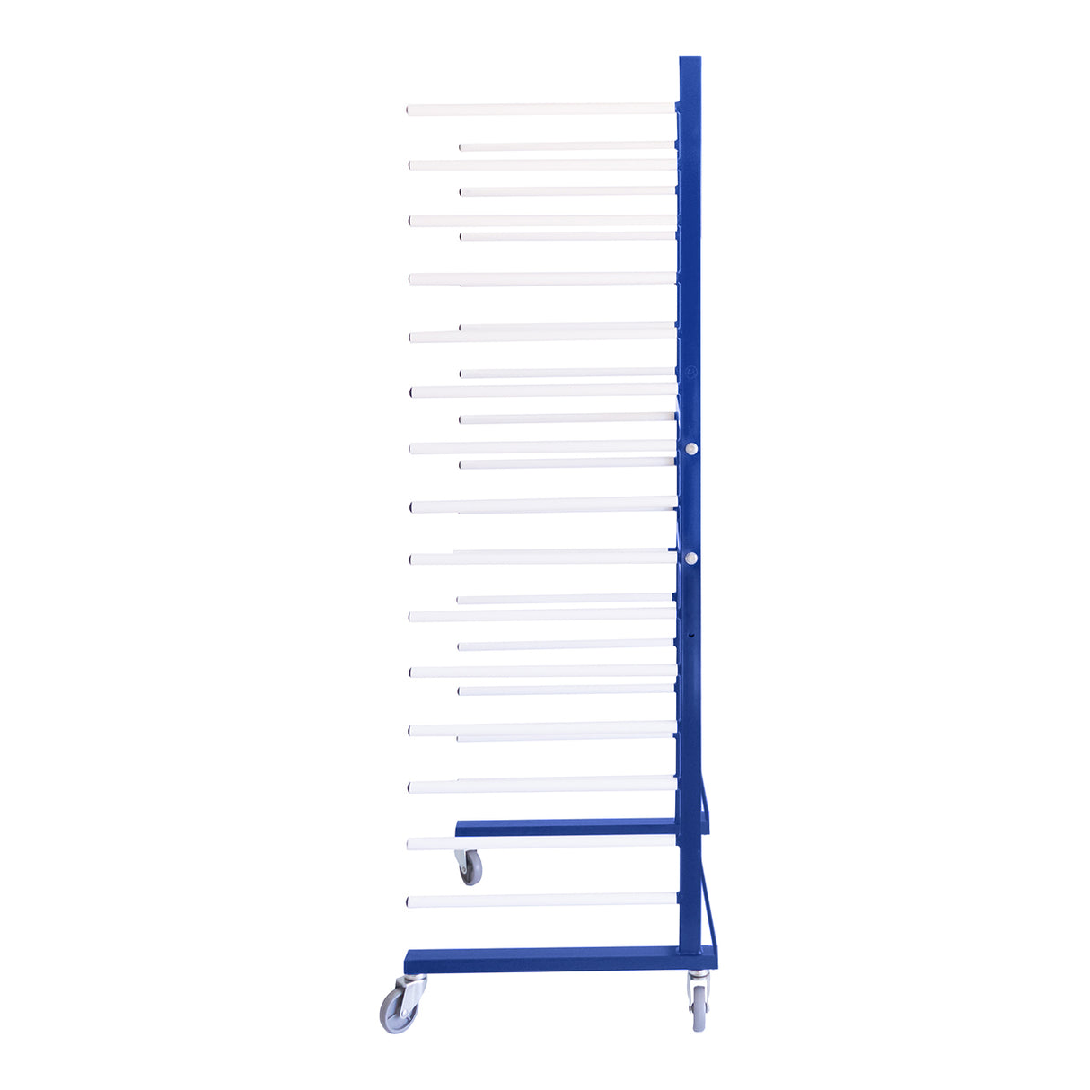 Carrinho de secagem por pulverização em azul, com estrutura metálica e tubos brancos, ideal para secar peças de forma eficiente
