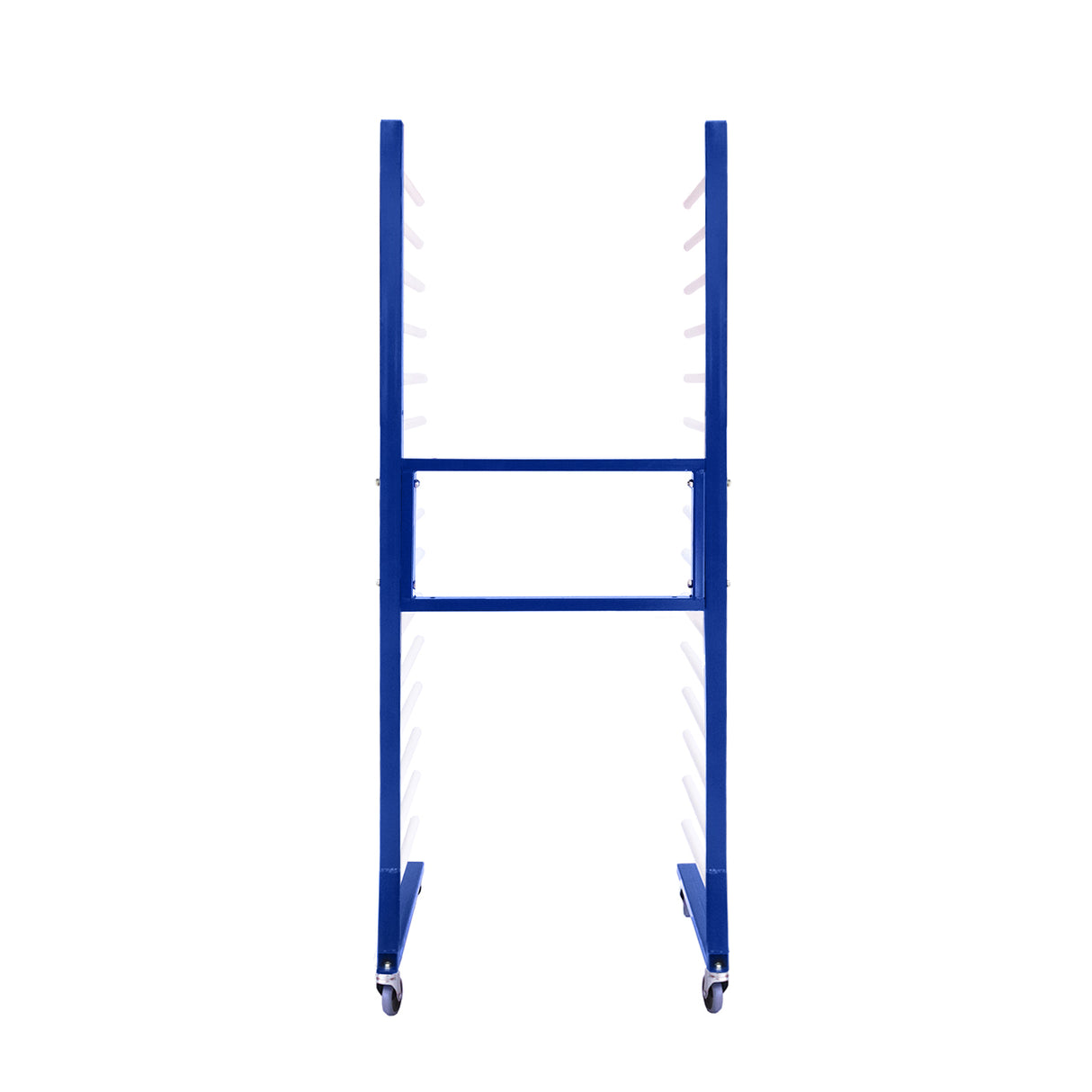 Carrinho de secagem azul, com estrutura metálica e prateleiras brancas, ideal para secar peças de forma eficiente e organizada