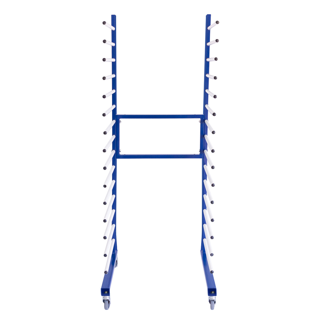 Conector de 2 vias em estrutura metálica azul, com hastes brancas, ideal para carrinhos de secagem por pulverização, robusto e funcional
