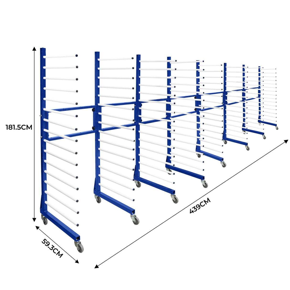 Carrinho combinado para secagem por pulverização, estrutura azul com varas brancas, 4 unidades e 3 conectores, ideal para organização