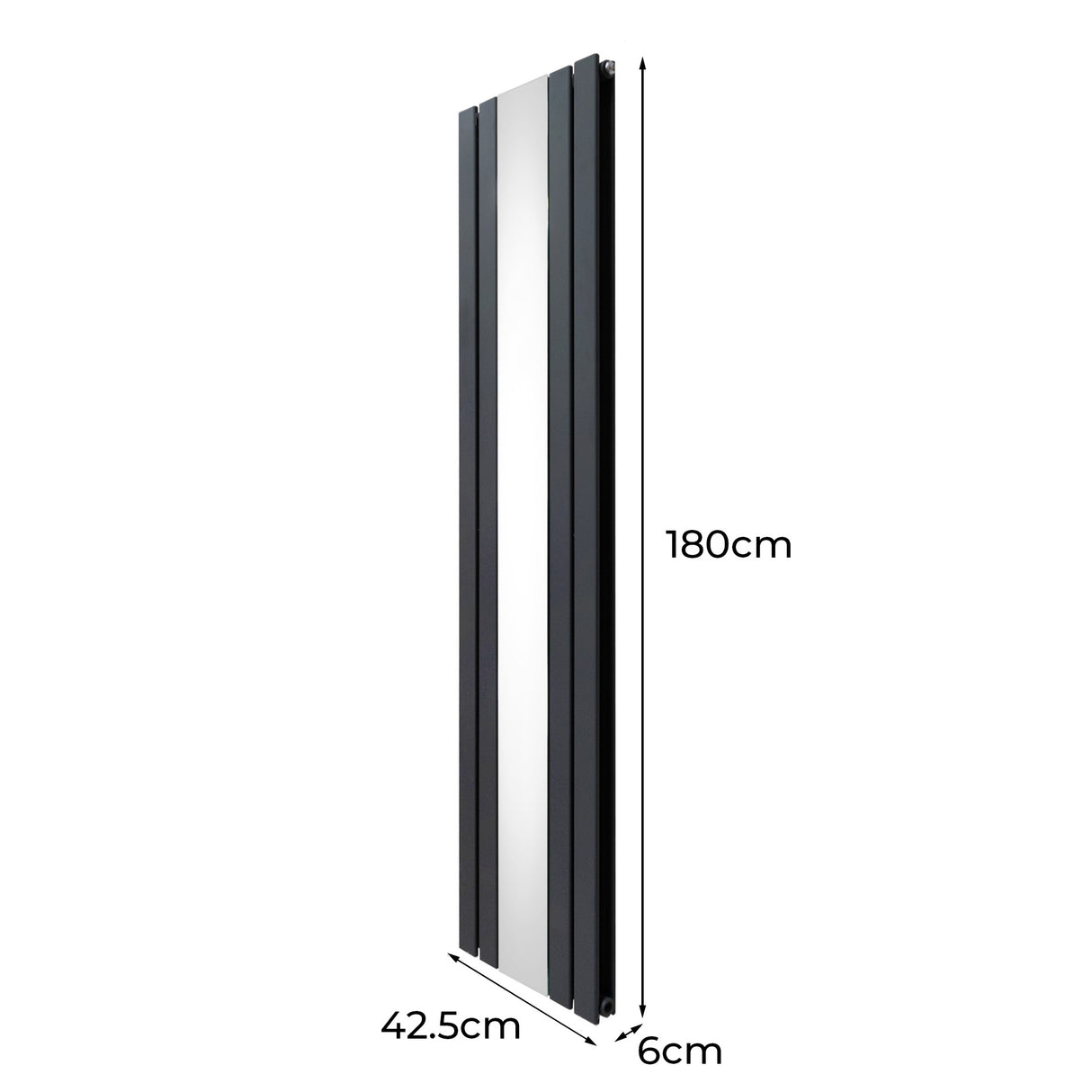 Radiador de espelho plano cinza antracite, 1800 mm de altura, 425 mm de largura, com acabamento liso e moderno, ideal para decoração