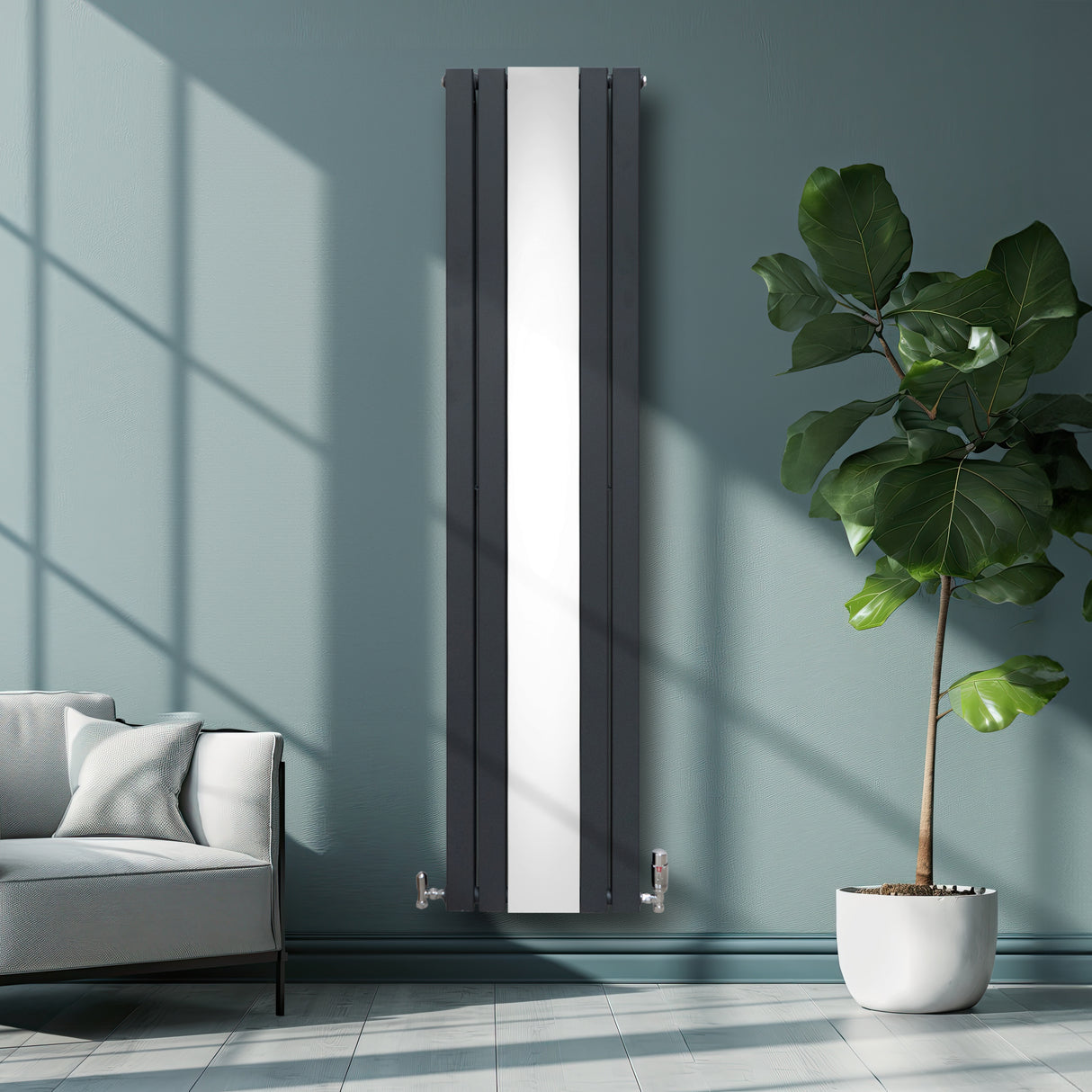 Radiador de espelho plano cinza antracite, 1800 mm x 425 mm, com design elegante e acabamento liso, instalado em parede verde clara