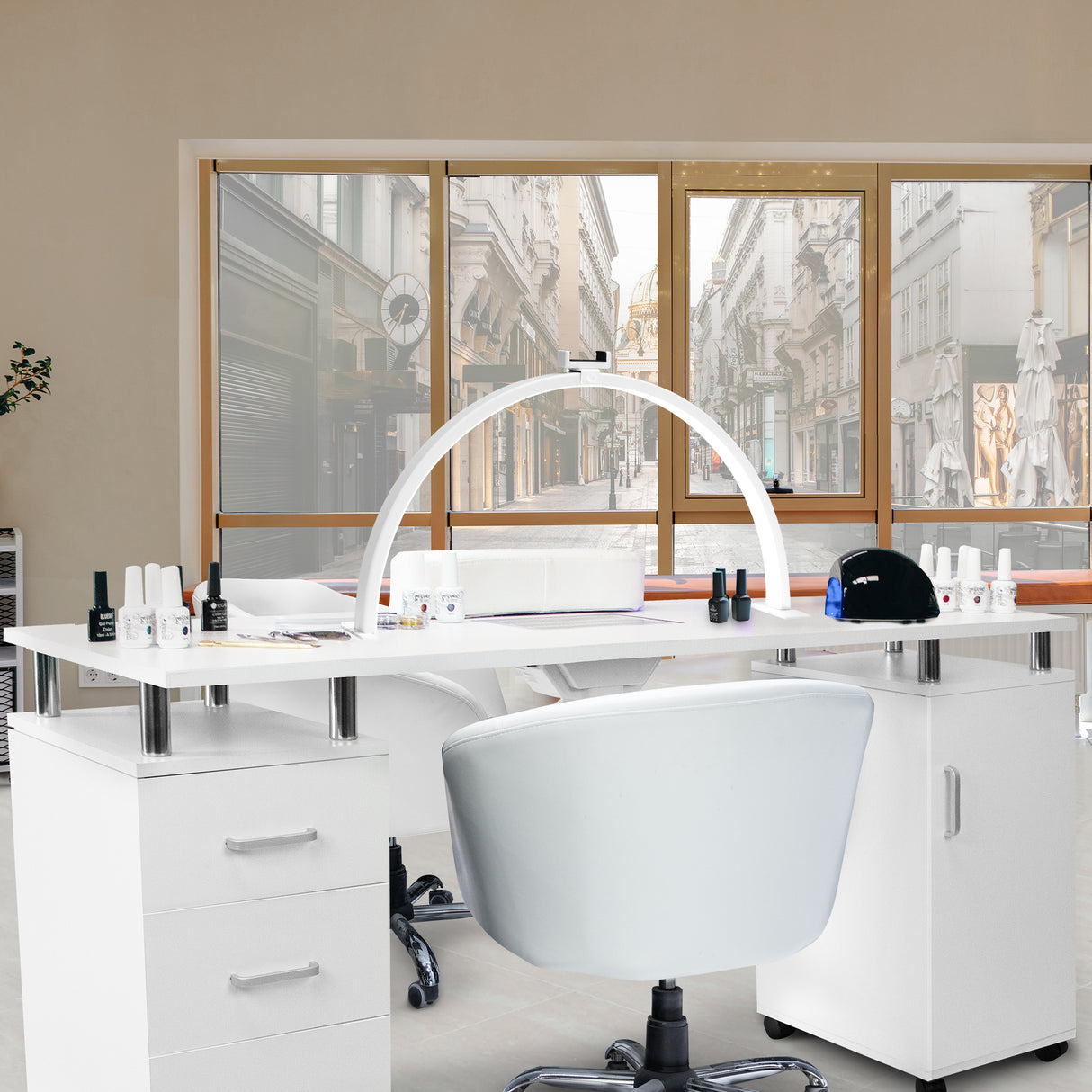 Mesa de manicure profissional com lâmpada LED em forma de meia-lua