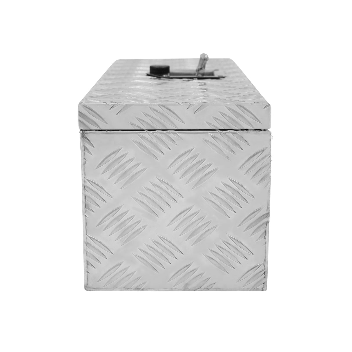 Caixa de ferramentas de alumínio 35L, com design em relevo, acabamento prateado e fecho de segurança, ideal para organização de ferramentas