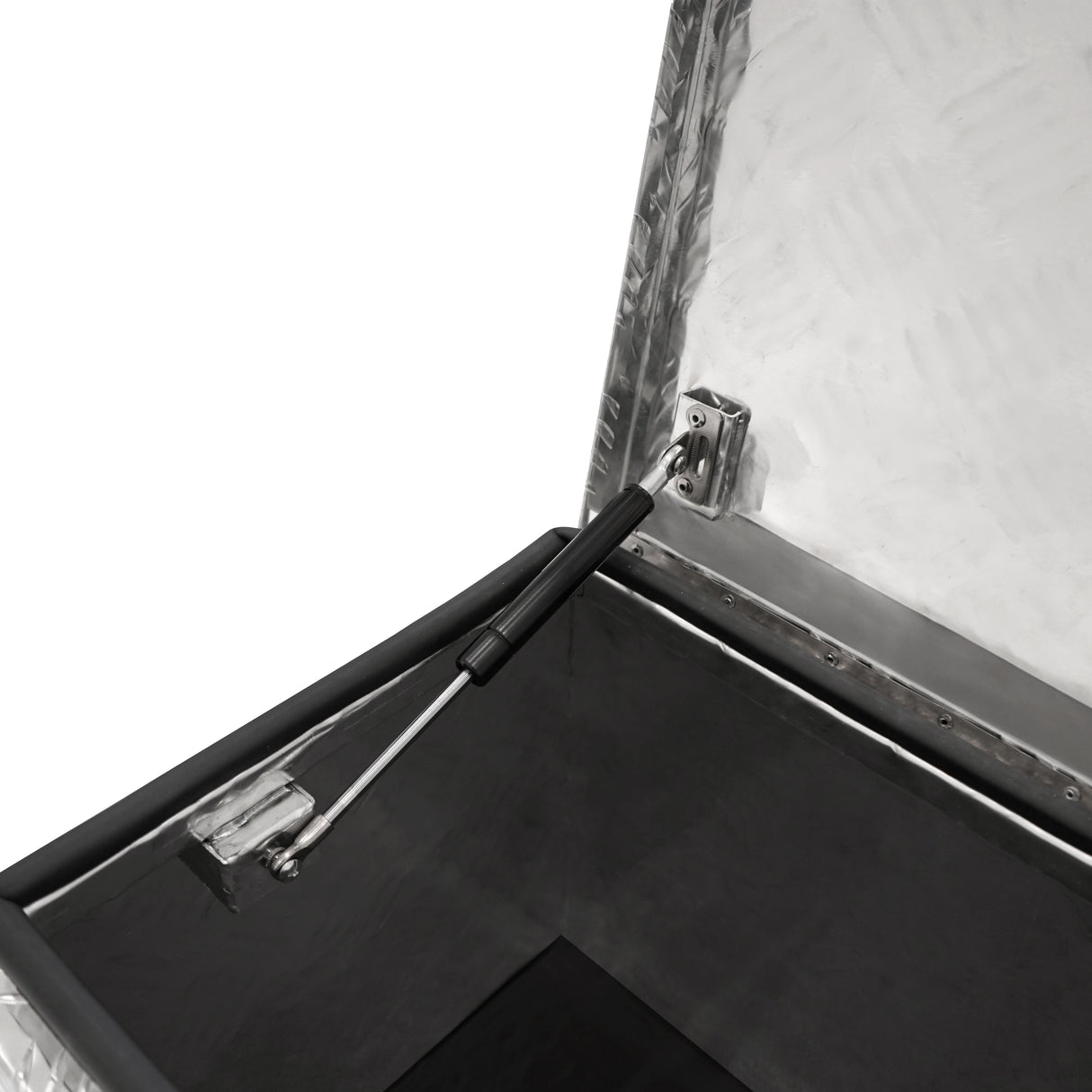 Caixa de ferramentas de alumínio 35L com interior preto, tampa com textura diamantada e suporte a gás para abertura suave