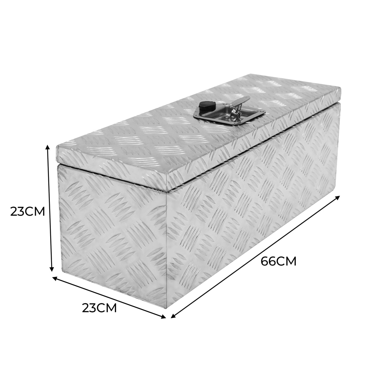 Caixa de ferramentas de alumínio 35L, prateada, com superfície texturizada em diamante, fecho de metal e dimensões compactas de 66x23x23 cm