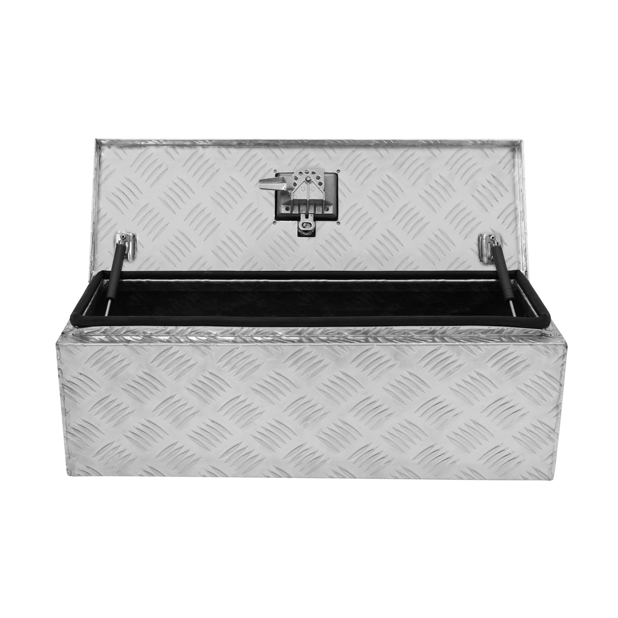 Caixa de ferramentas de alumínio 35L com design em chapa diamantada, interior forrado em preto e fecho resistente, ideal para organização