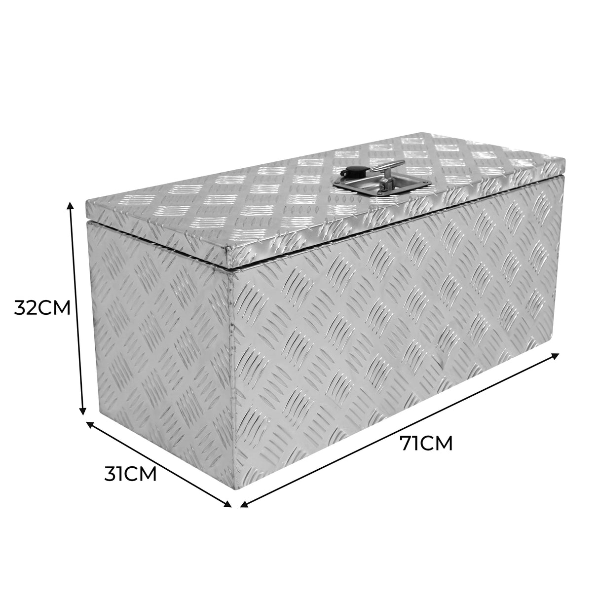 Caixa de ferramentas de alumínio 70L, prateada, com textura em relevo, medindo 71cm x 31cm x 32cm, ideal para armazenamento robusto