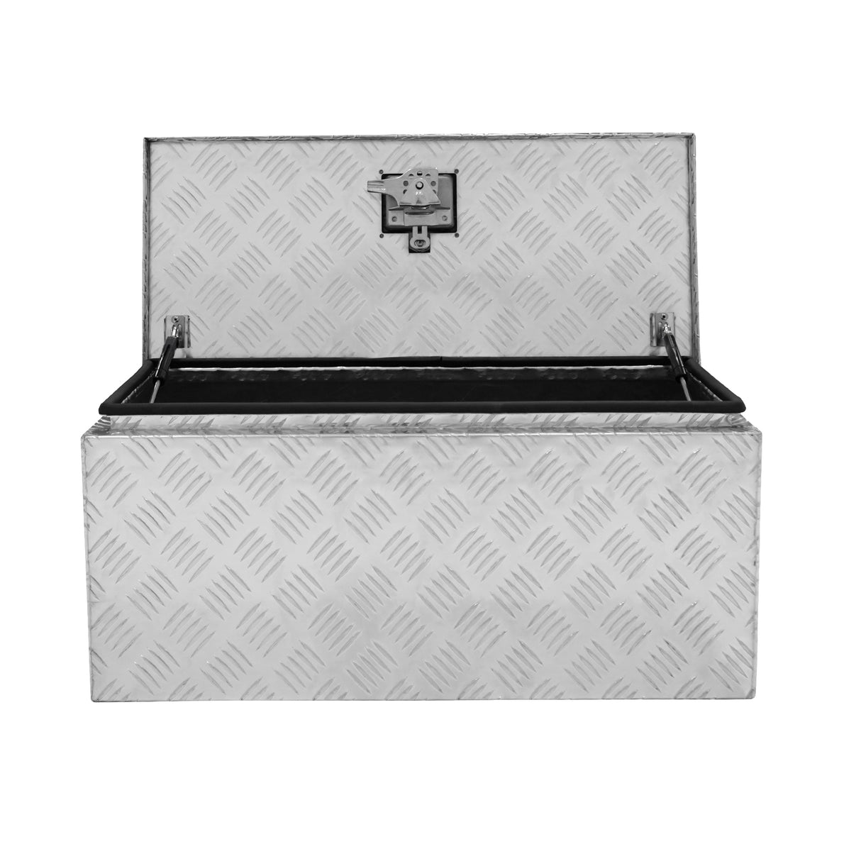 Caixa de ferramentas de alumínio 70L com design em chapa antiderrapante, acabamento prateado e fecho seguro, ideal para armazenamento robusto