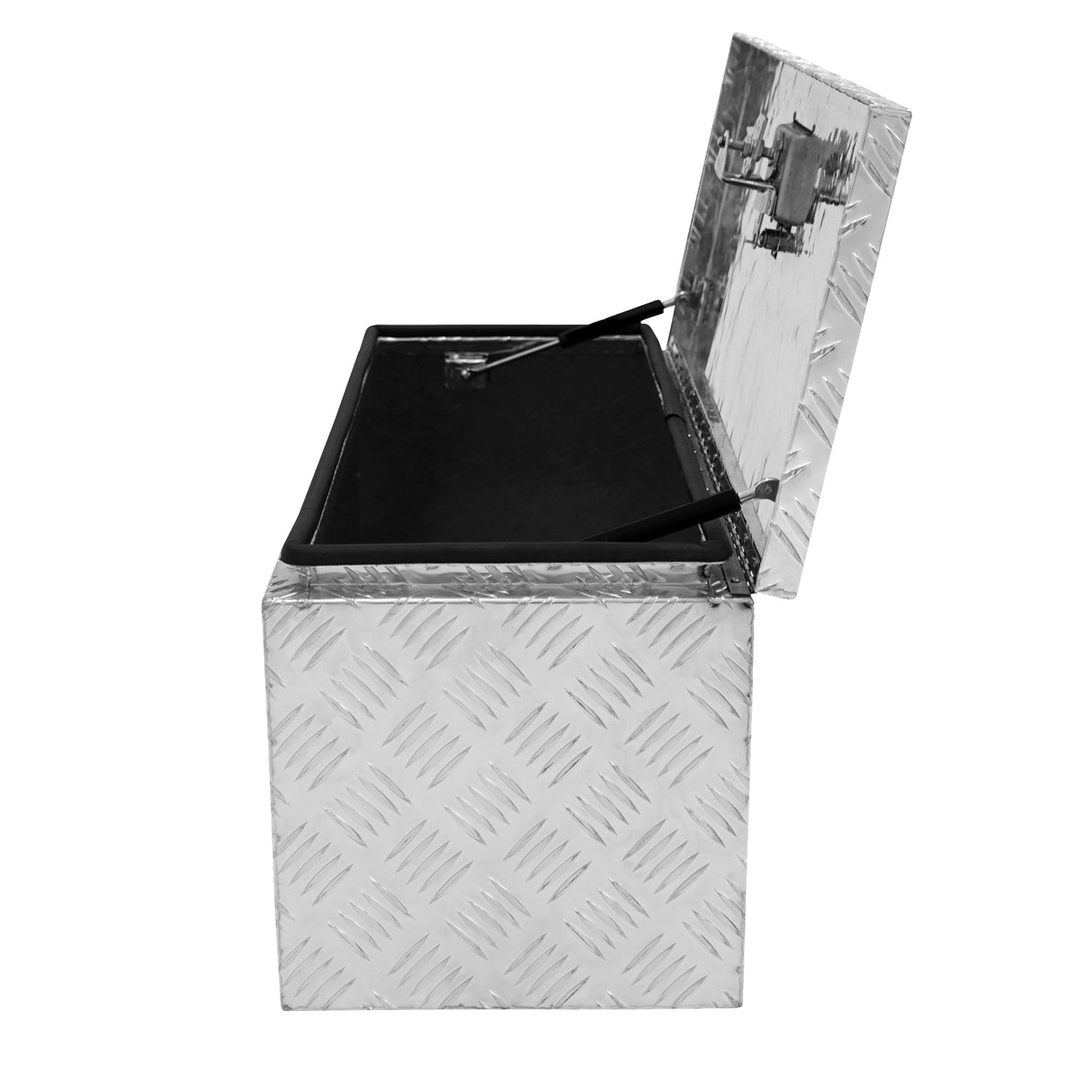Caixa de ferramentas de alumínio 70L com design retangular, superfície texturizada e tampa articulada, ideal para armazenamento seguro