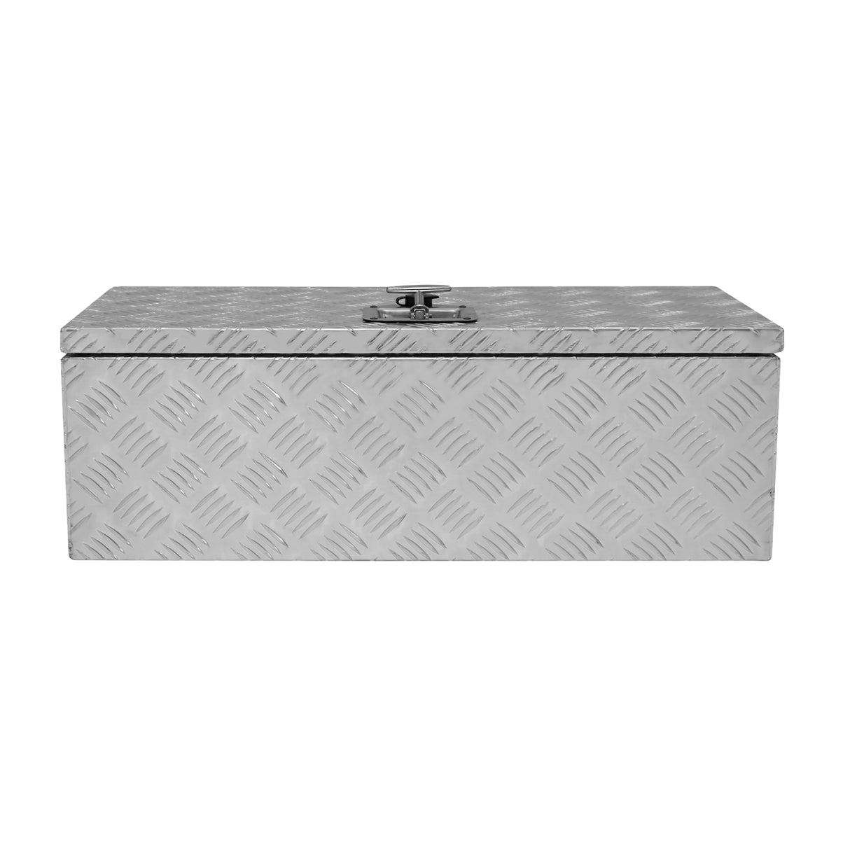 Caixa de ferramentas média de alumínio 60L, com acabamento prateado e textura em diamante, ideal para armazenamento seguro de ferramentas