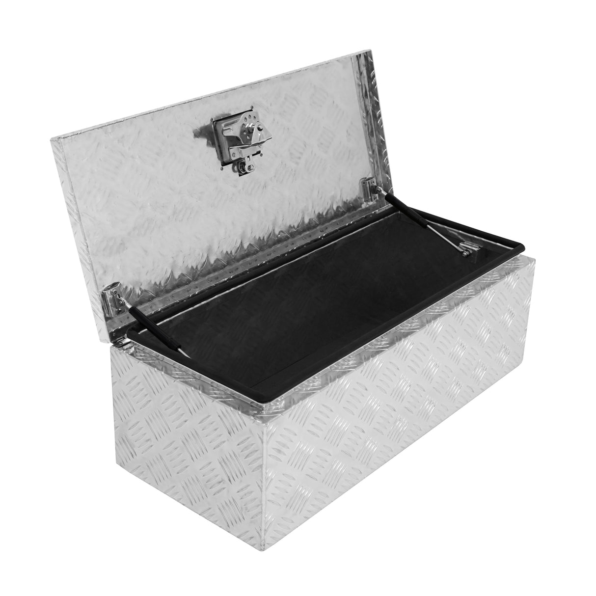 Caixa de ferramentas média de alumínio 60L com acabamento em textura de diamante, tampa articulada e interior espaçoso e forrado