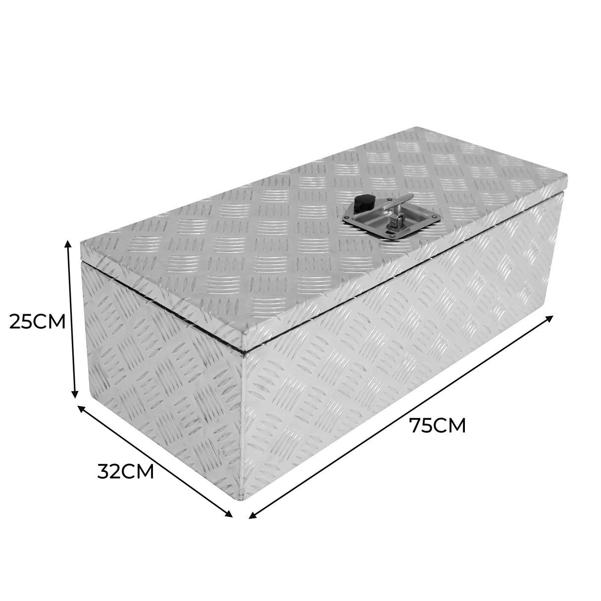 Caixa de ferramentas de alumínio 60L, com superfície texturizada em relevo, medindo 75cm x 32cm x 25cm, ideal para armazenamento seguro