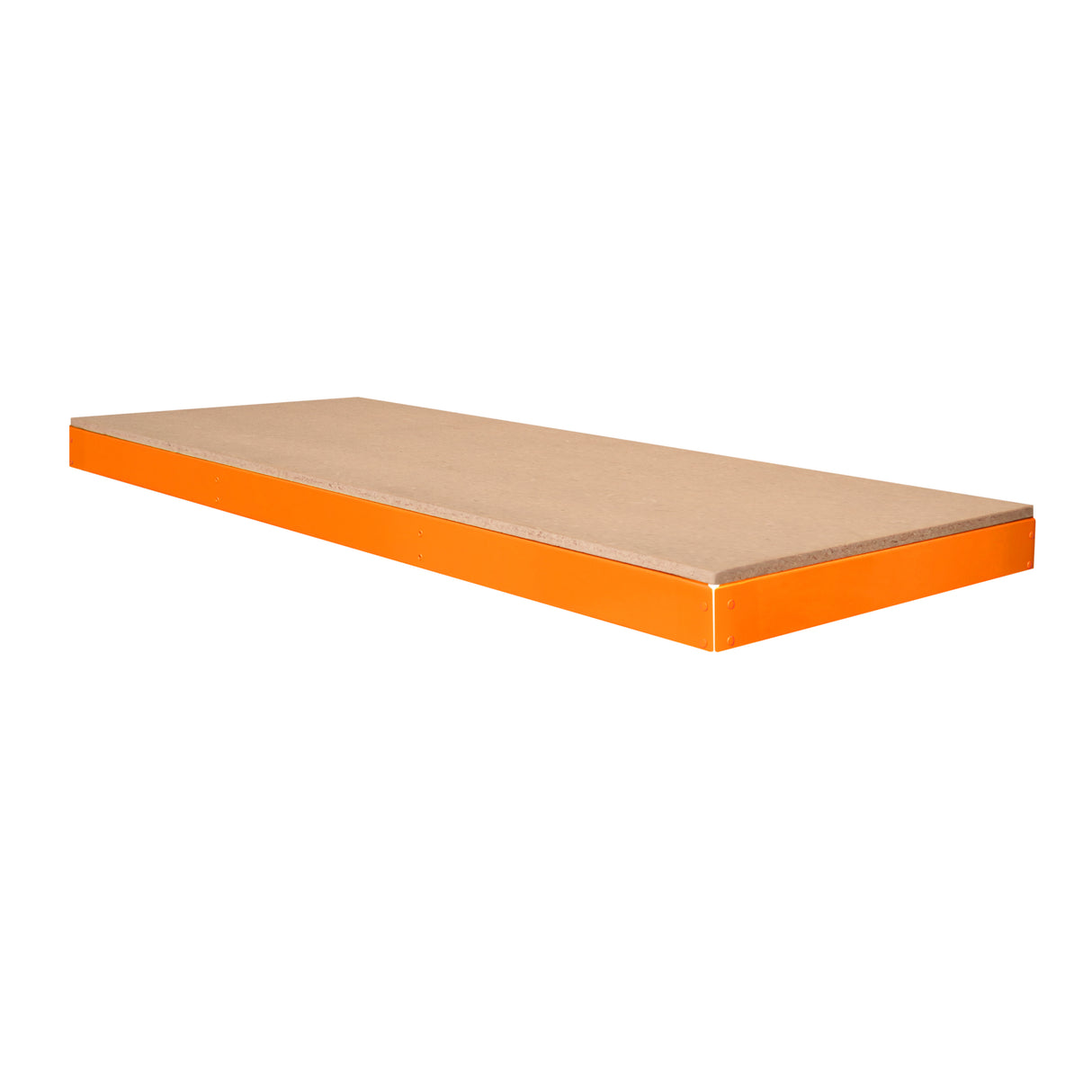 Prateleira adicional S-Rax de 150 cm x 60 cm, com superfície em MDF e bordas laranjas, ideal para organização e armazenamento