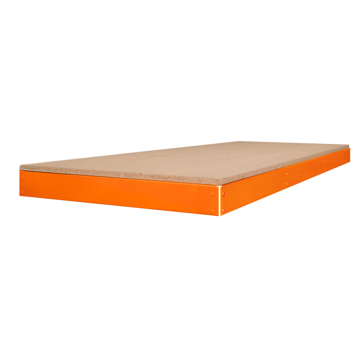 Prateleira adicional S-Rax de 150 cm x 60 cm com estrutura laranja e superfície de MDF em tom claro, ideal para organização de espaços