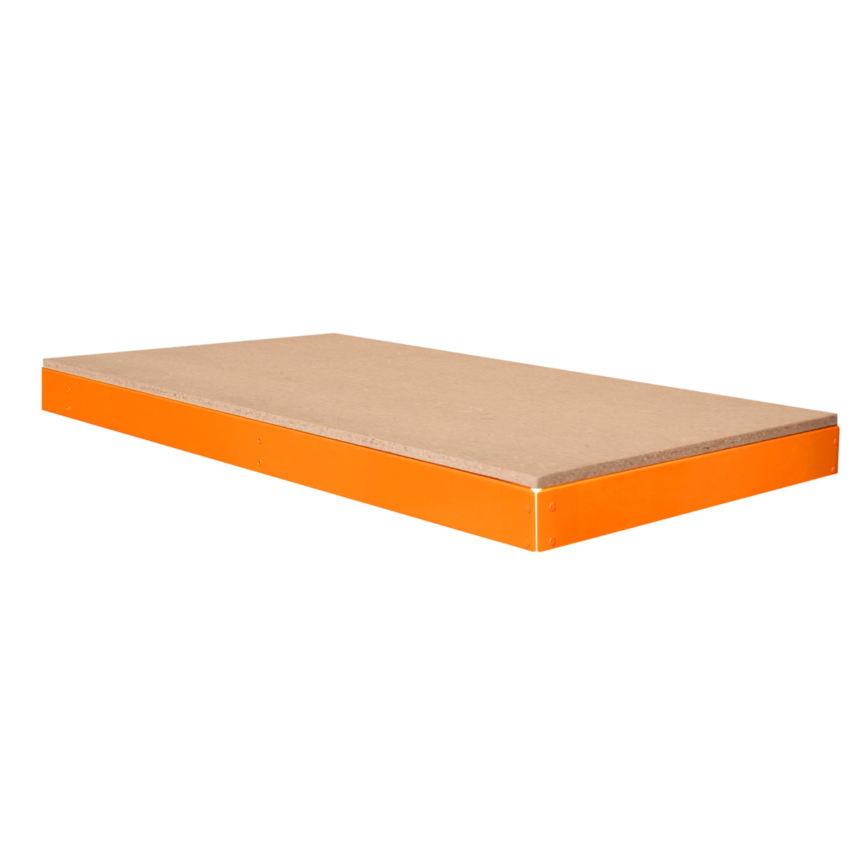Prateleira adicional S-Rax de 120 cm x 60 cm, com superfície em MDF claro e bordas laranjas, ideal para organização de espaços
