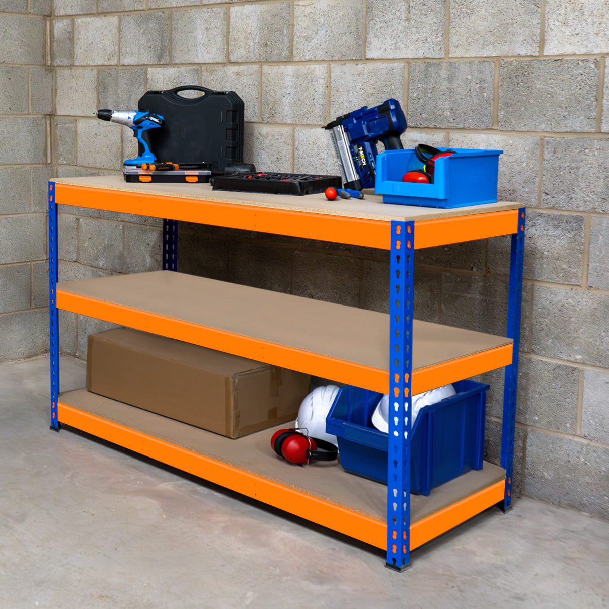 Prateleira adicional S-Rax de 120 cm x 60 cm com estrutura azul e prateleiras laranjas, ideal para organização de ferramentas e materiais