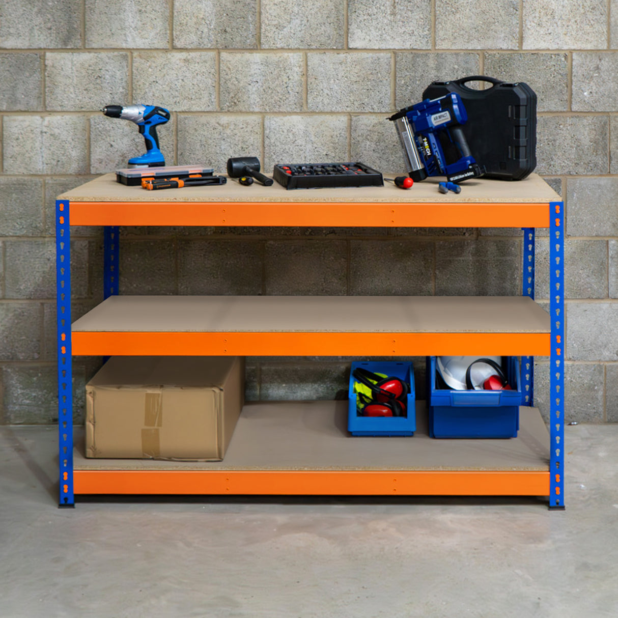 Prateleira adicional S-Rax de 120 cm x 60 cm com estrutura azul e prateleiras em MDF, ideal para organização de ferramentas e materiais
