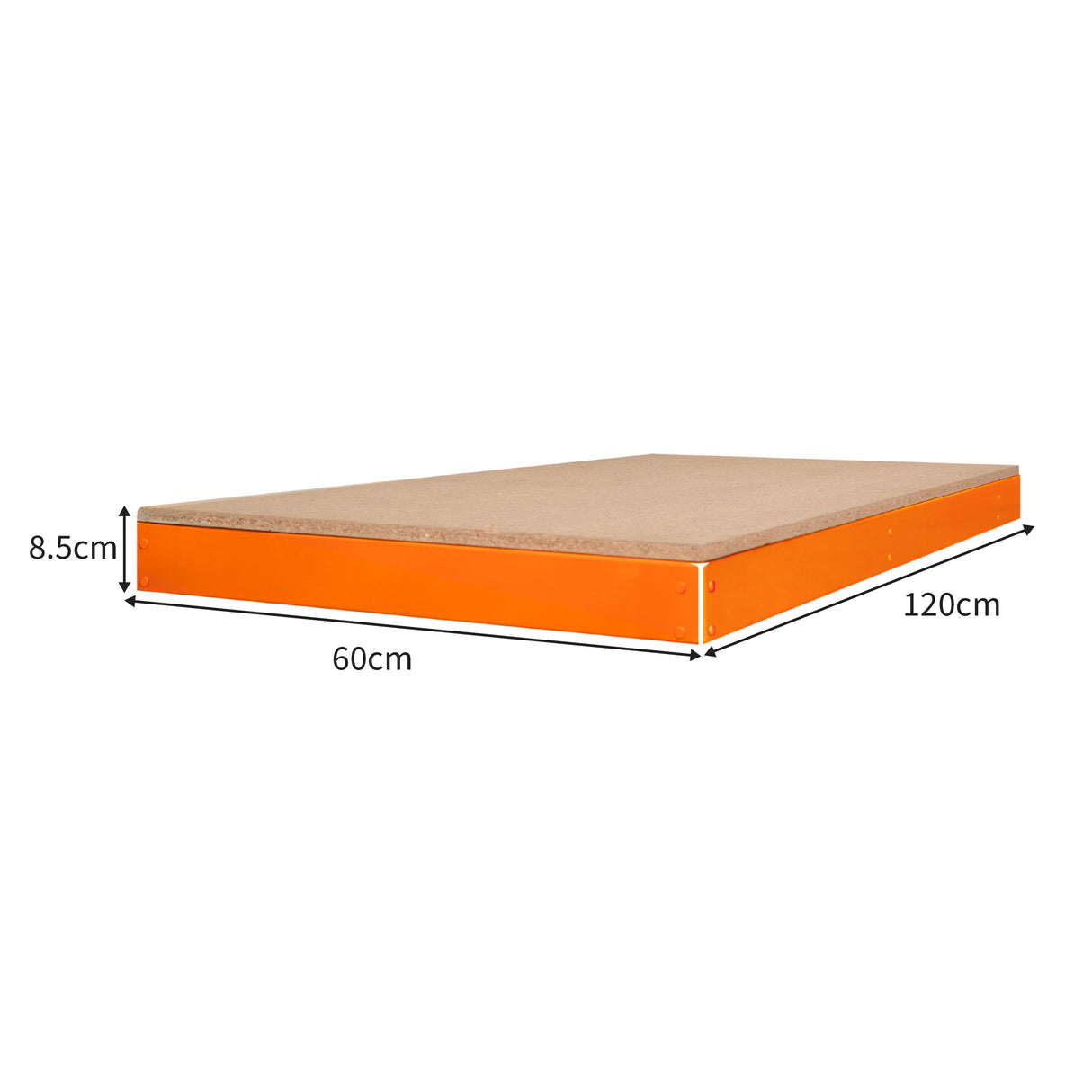 Prateleira adicional S-Rax em MDF com acabamento laranja, medindo 120 cm x 60 cm e 8,5 cm de altura, ideal para organização