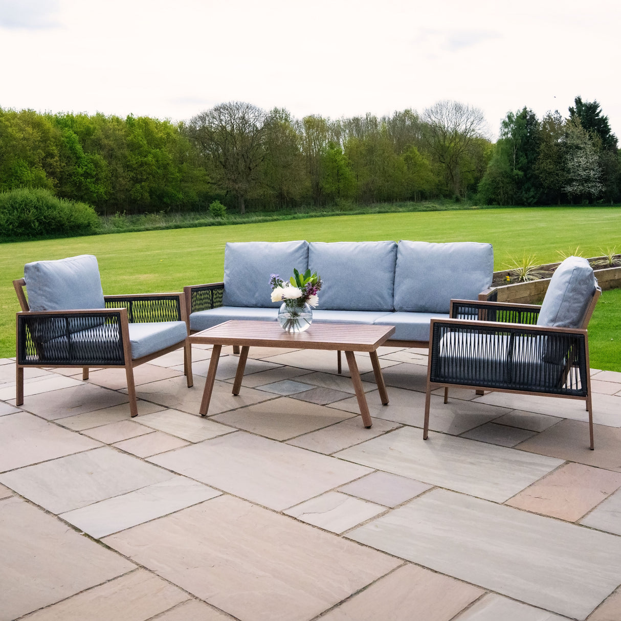 Conjunto de jardim de alumínio - 5 lugares (4 peças) | Efeito madeira