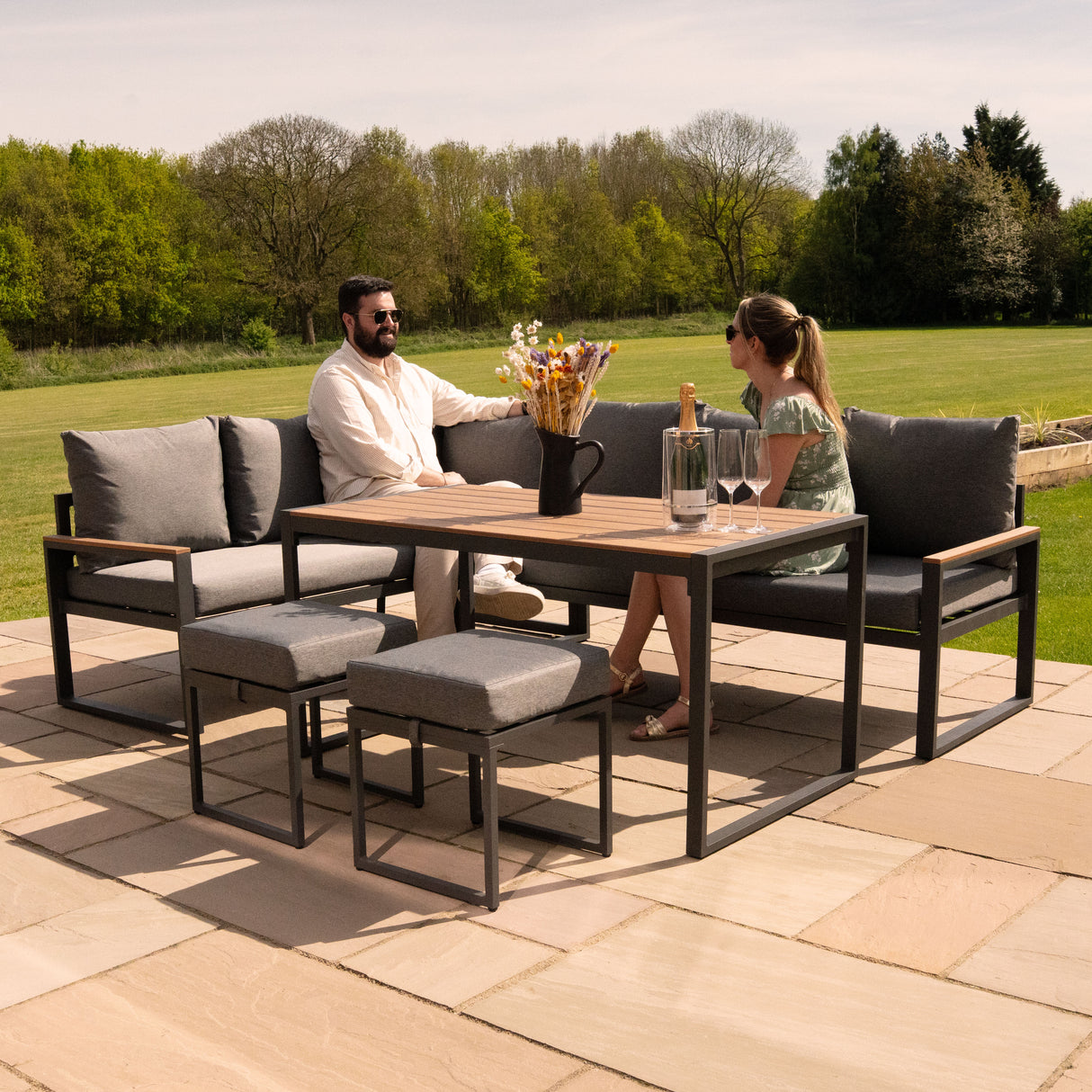 Sofá de canto exterior em alumínio de 7 lugares - Efeito madeira