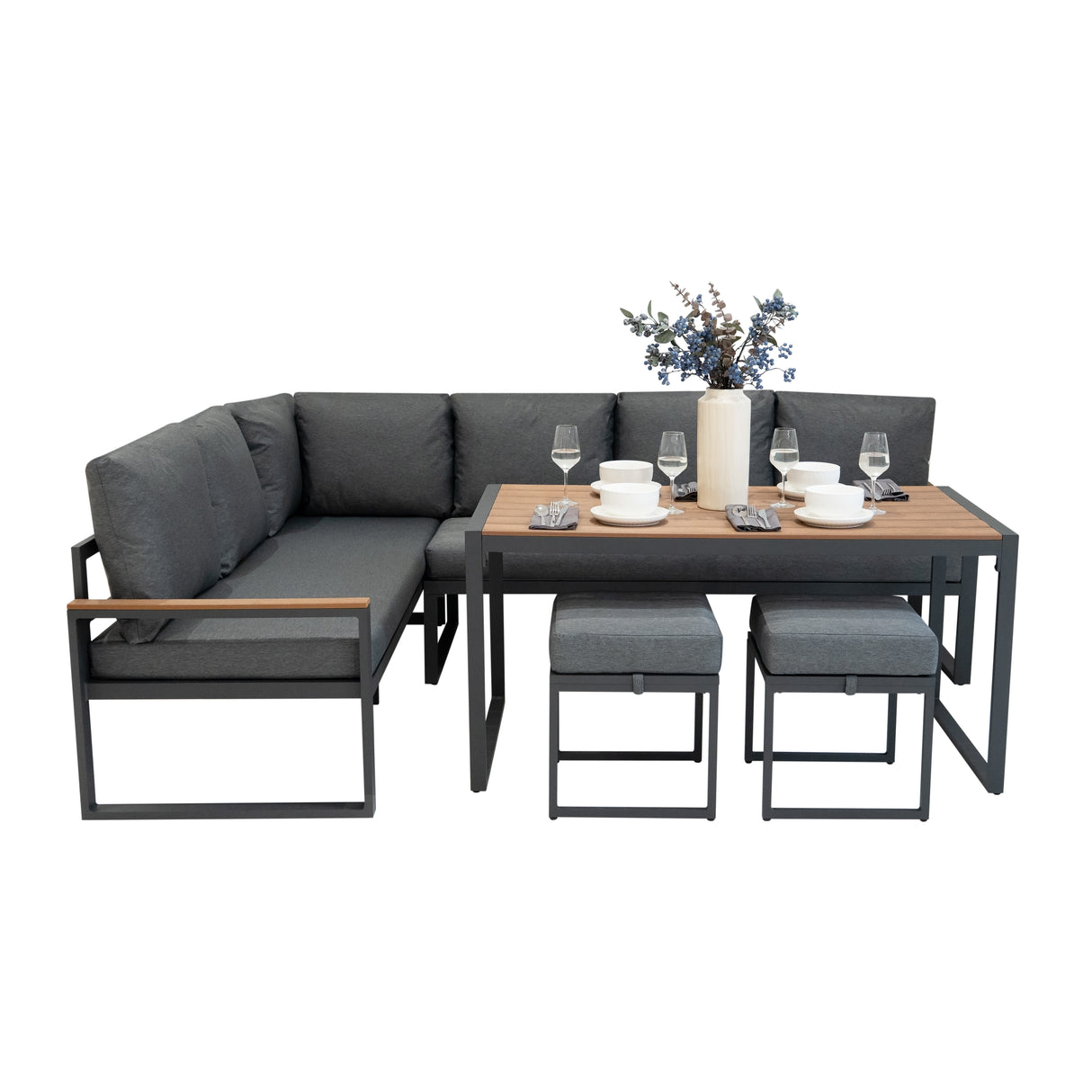 Sofá de canto exterior em alumínio de 7 lugares - Efeito madeira