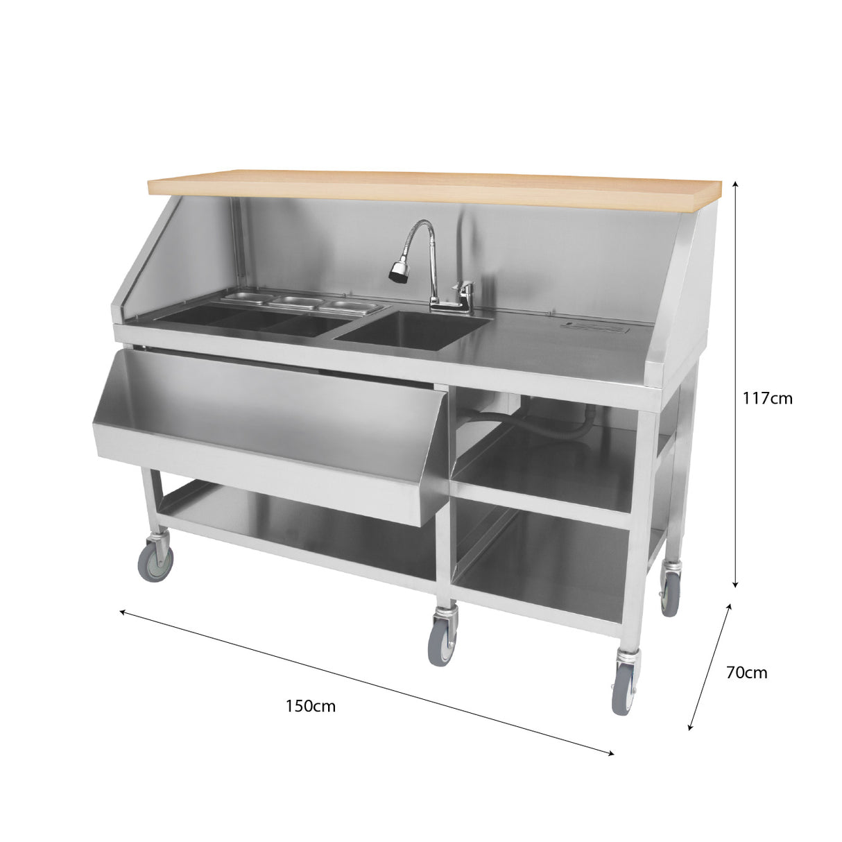 Estação de Bar Móvel em Aço Inoxidável – Efeito Madeira