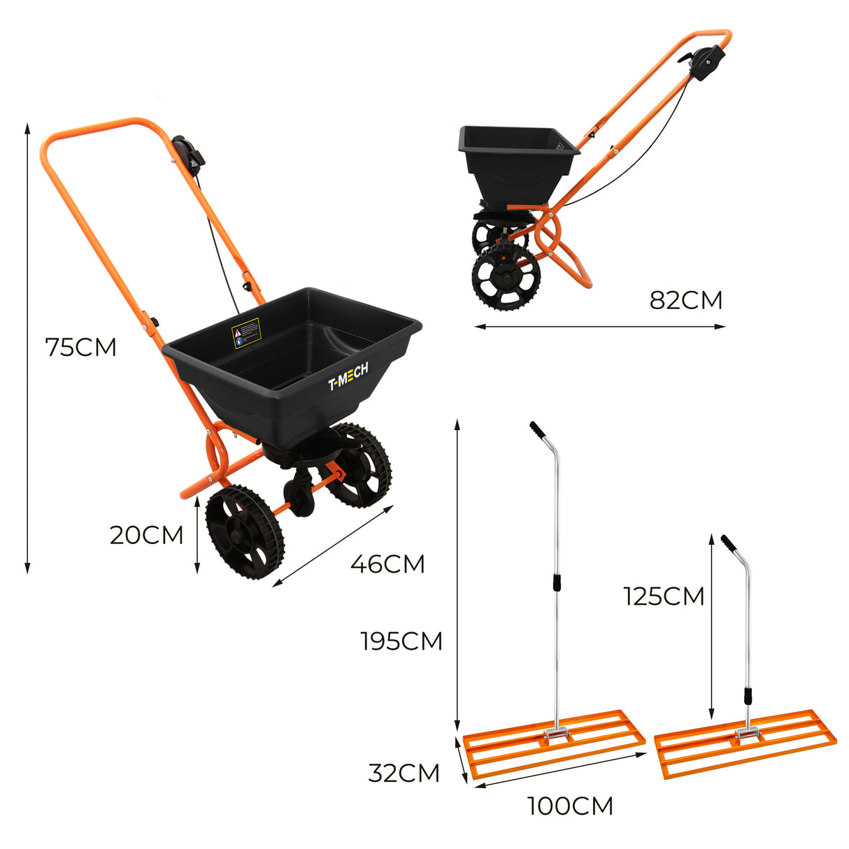 Nivelador de relvado T-Mech 100cm (laranja) e Espalhador rotativo